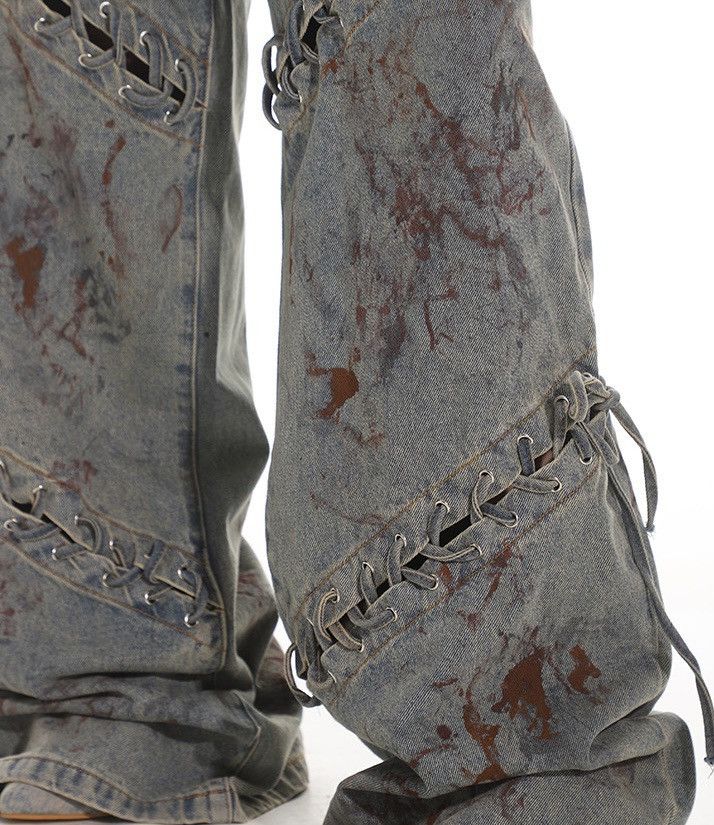 Japanese Brand × Vintage Avant garde paint splash dirty wash lace-up punk jeans Size US 32 / EU 48 - 5 Thumbnail