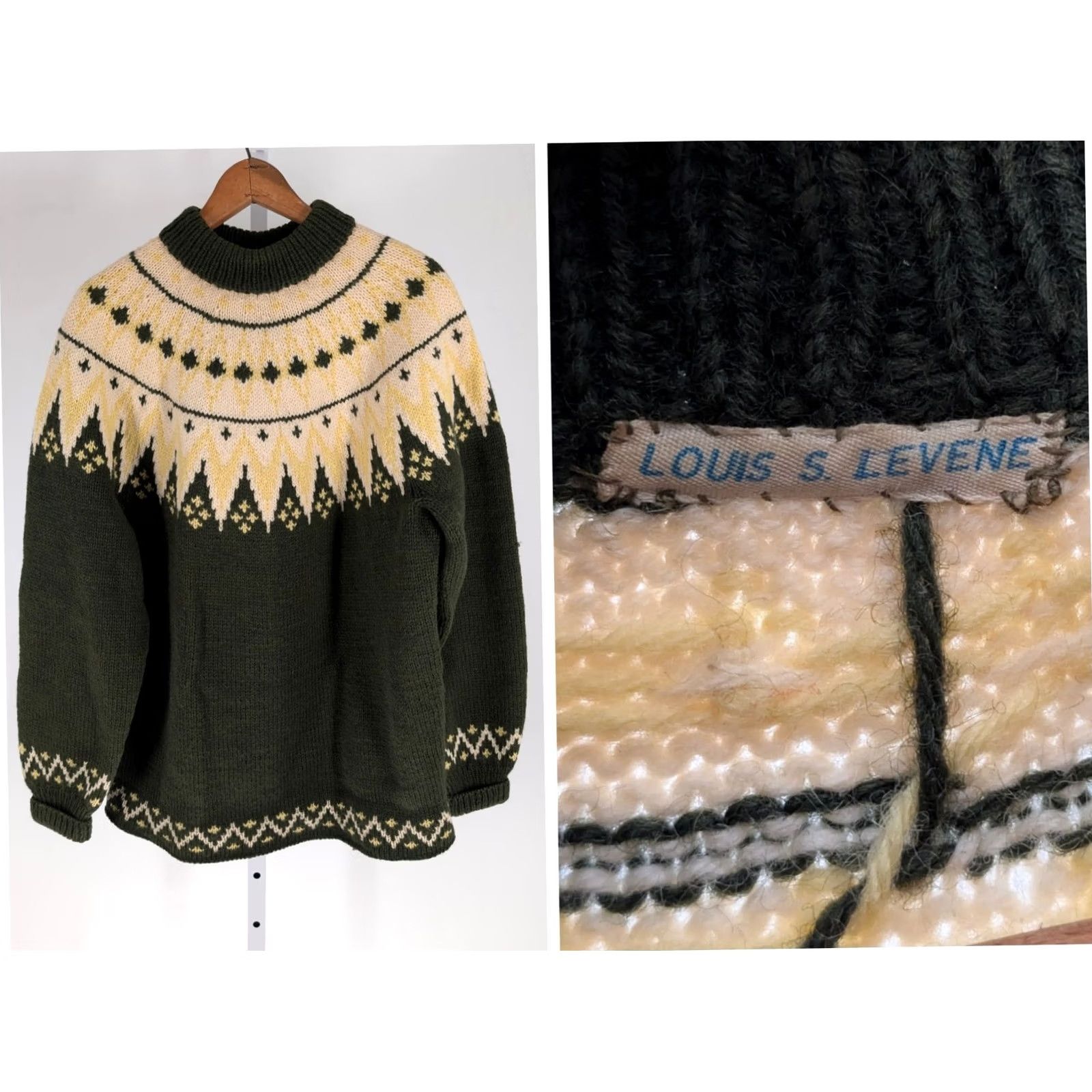 Vintage VINTAGE Hand Knit Wool Fair Isle Sweater Green 50s 60s Rockabilly 42" L Adult Size US L / EU 52-54 / 3 - 2 Thumbnail