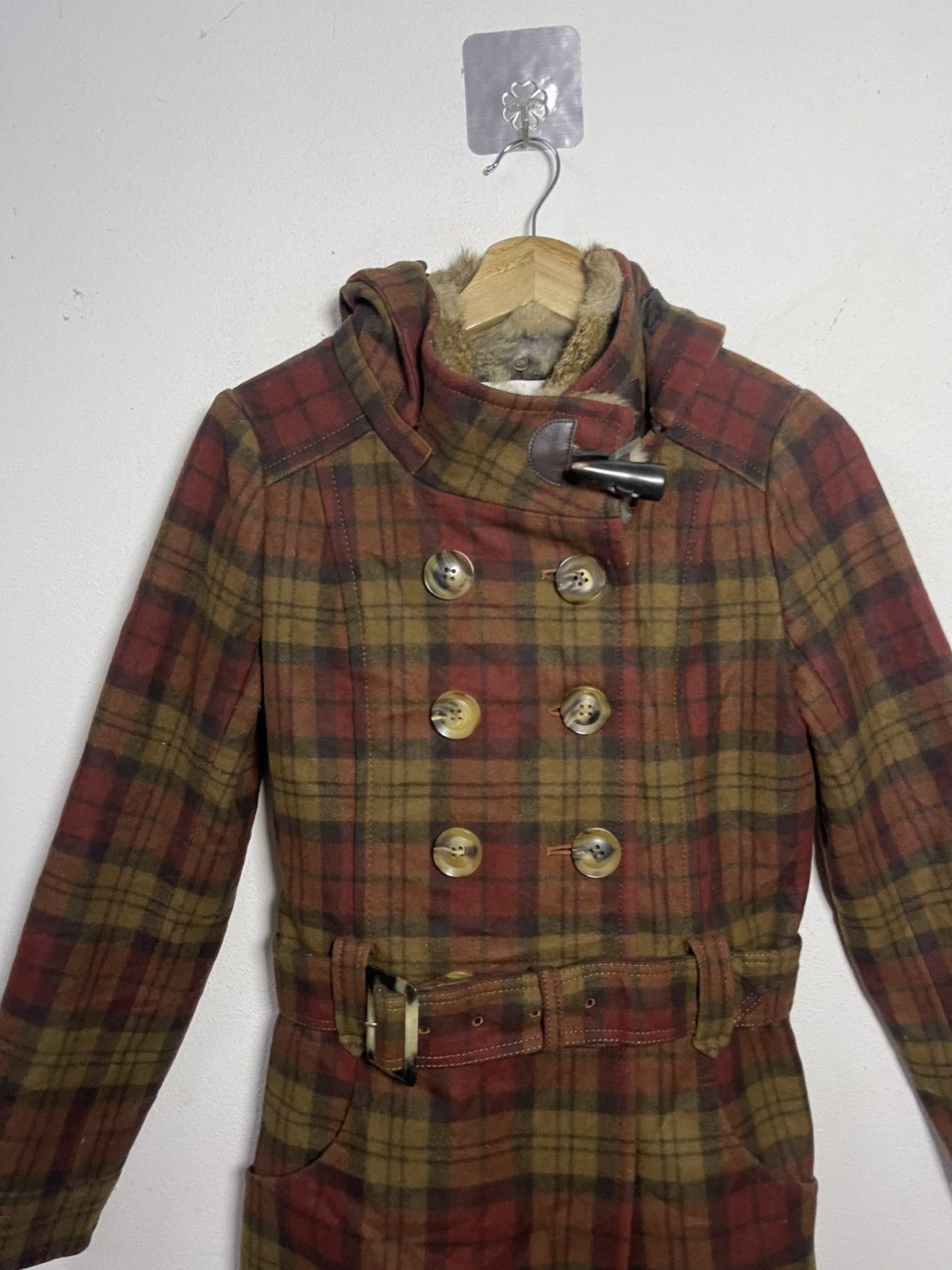Japanese Brand Peyton Place Plaid Wool Blend Trench Coat Rabbit Fur Collar Size S / US 4 / IT 40 - 2 Thumbnail