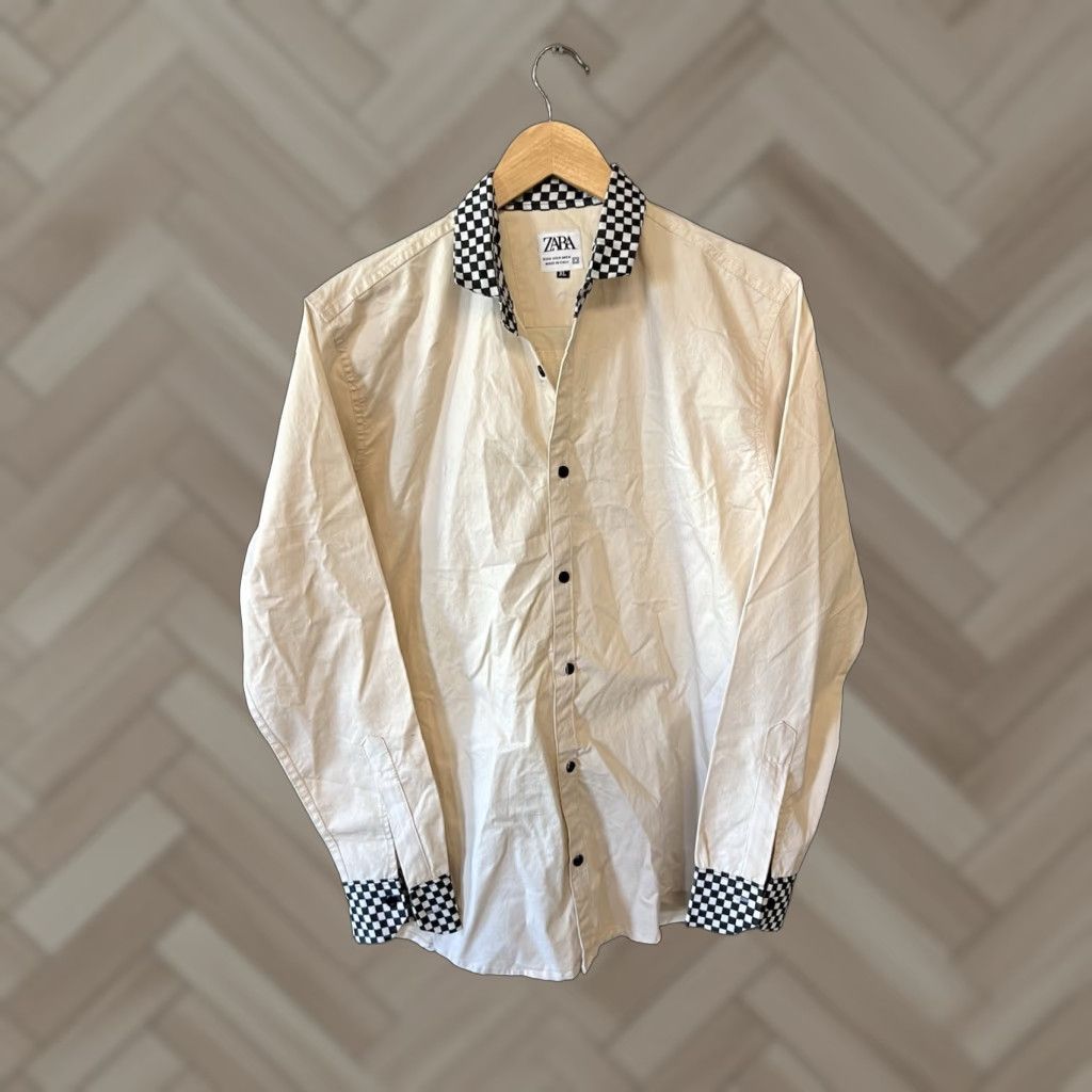 Zara Zara Shirt Womens White Long Sleeve Button-Up XL Checkered Outline Size XL Size XL / US 12-14 / IT 48-50 - 1 Thumbnail