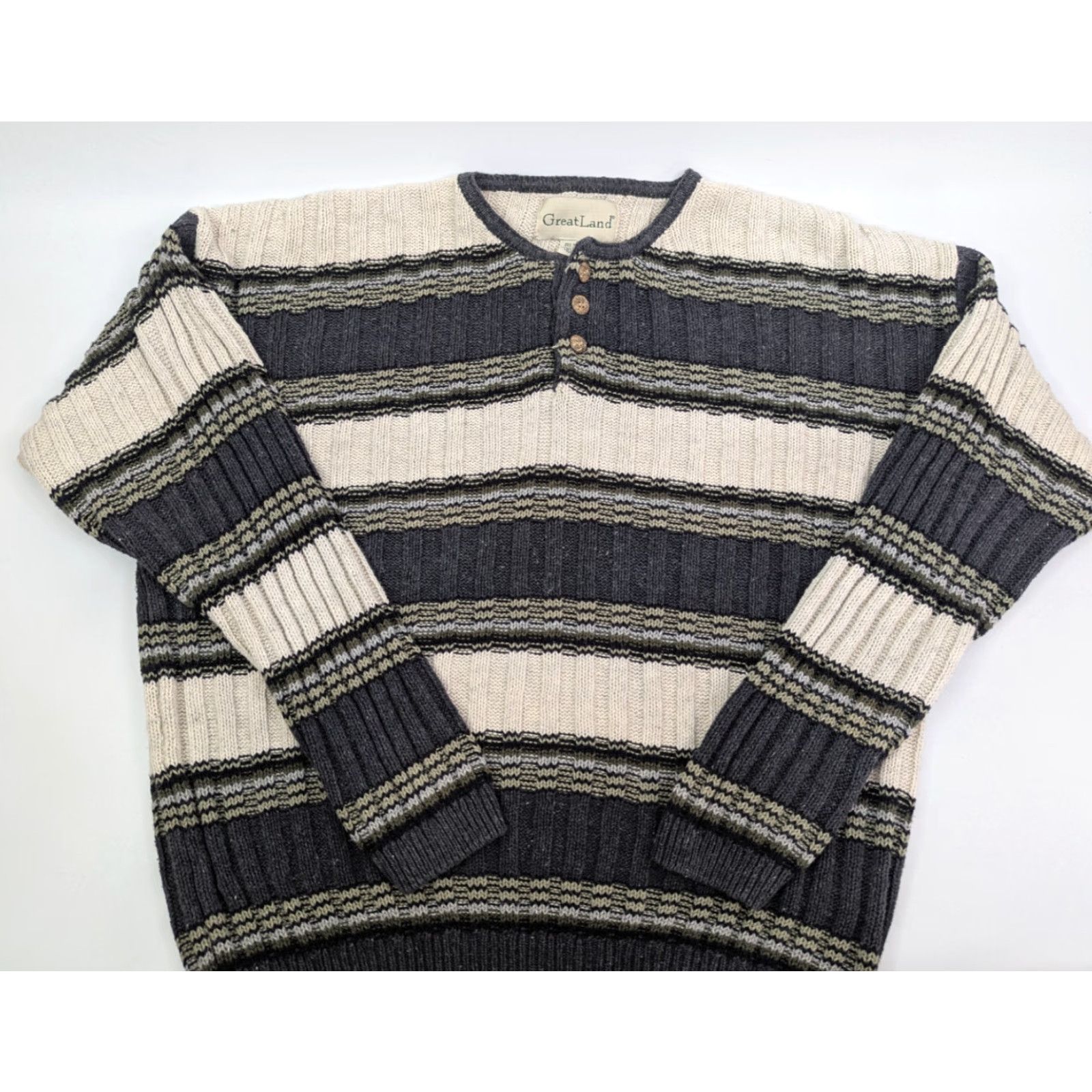 Vintage VINTAGE Greatland Striped Henley Sweater Mens M Gray Ribbed Knit Ramie Cotton Blend 90s Size US M / EU 48-50 / 2 - 2 Thumbnail