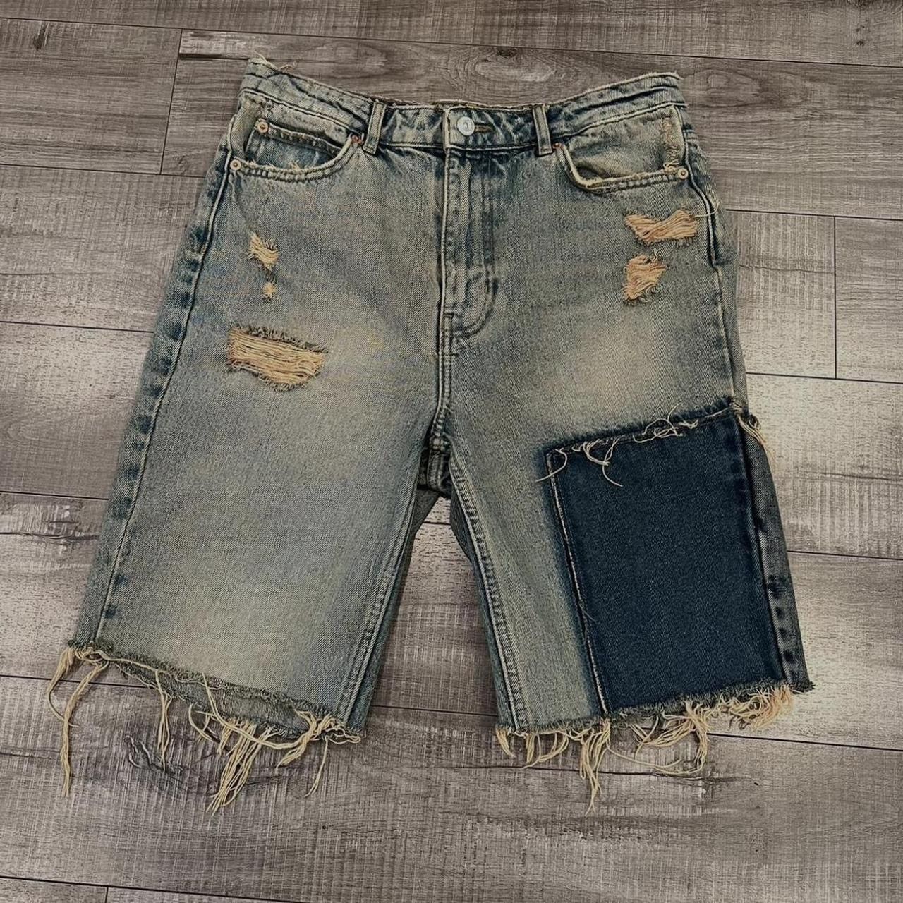 image of Distressed Patchwork Mudwash Denim Jorts in Blue, Men's (Size 30)