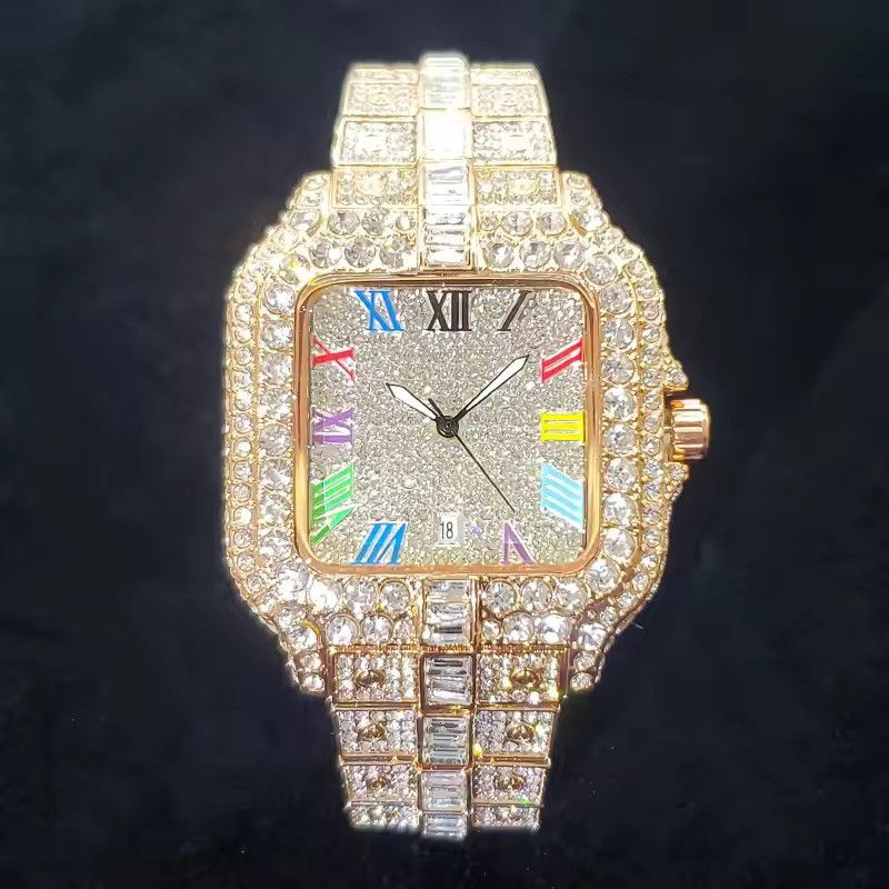 Jewelry Iced Out Square Colorful Number Watch in Gold, Men's