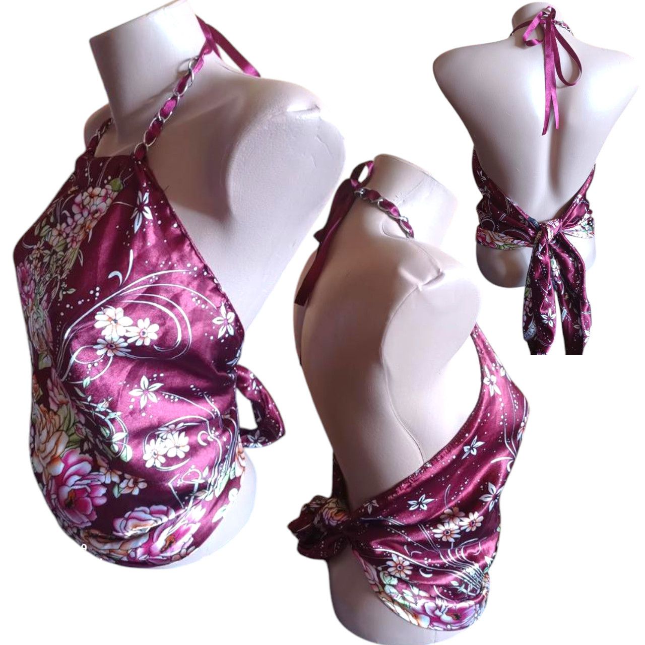 Other Burgundu floral satin halter top / scarf top sz S Size S / US 4 / IT 40 - 1 Thumbnail