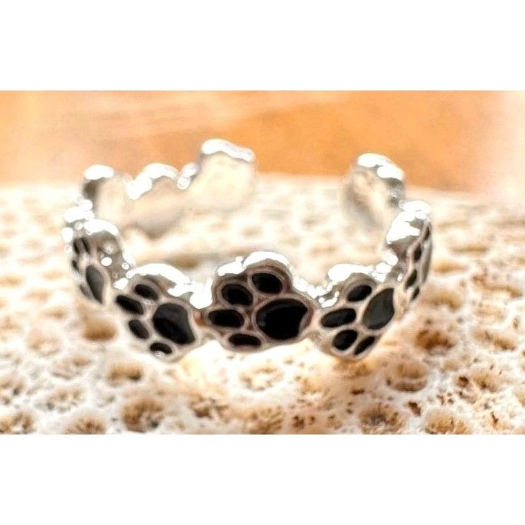 Handmade Paw Print Ring New Silver Black Dogs Cats Animal Rescue Pet Size ONE SIZE - 1 Thumbnail