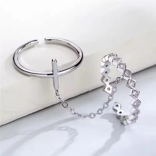 Jewelry × Vintage Geometric Double Ring Cross Chain Open Ring Size ONE SIZE - 3 Thumbnail
