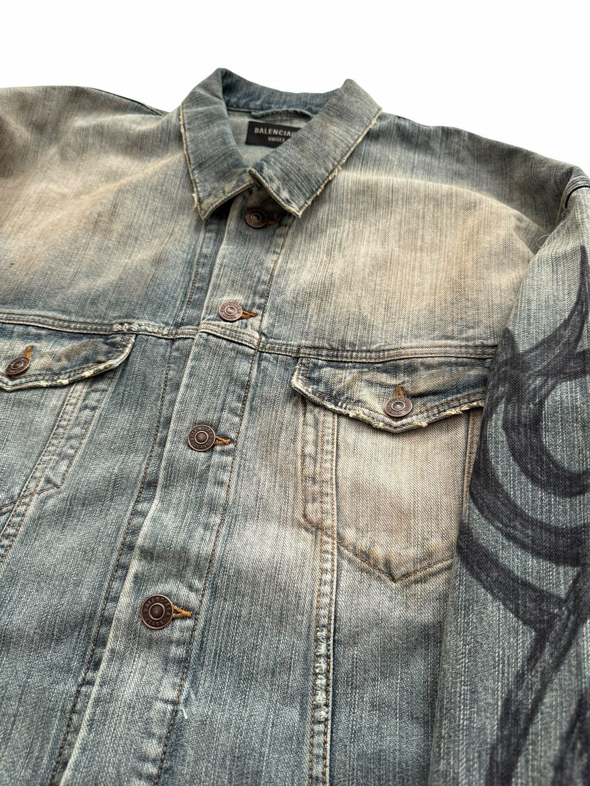 Balenciaga 2024 Y2K Tattoo Tribal Oversized Denim Jacket Size US XL / EU 56 / 4 - 8 Thumbnail