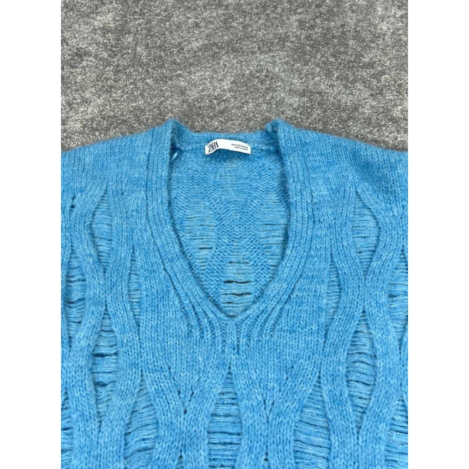 Zara Zara Womens Small Blue Cable Knit Pullover Sweater V-Neck Long Sleeve Casual Winter Fall Regular Size S / US 4 / IT 40 - 2 Thumbnail