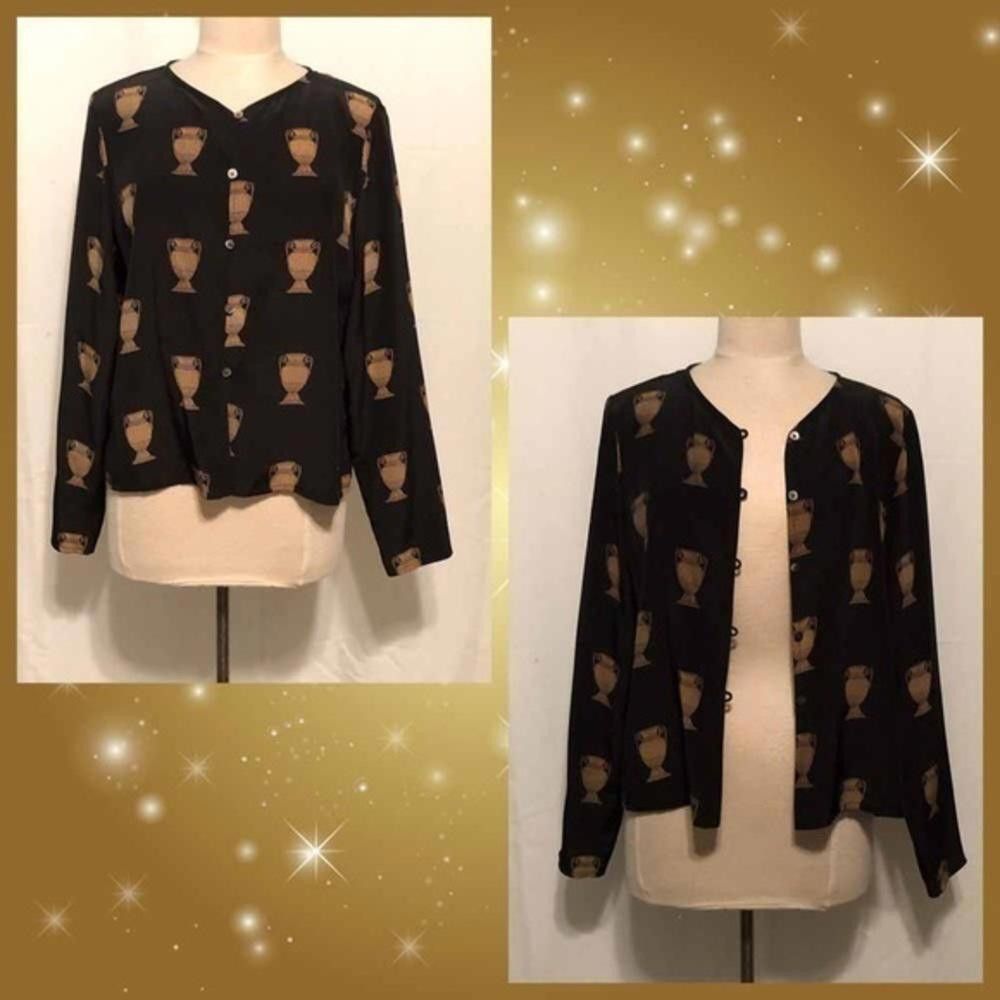 Designer Black Silk Blouse with Golden Urns - NWOT Size M / US 6-8 / IT 42-44 - 1 Thumbnail