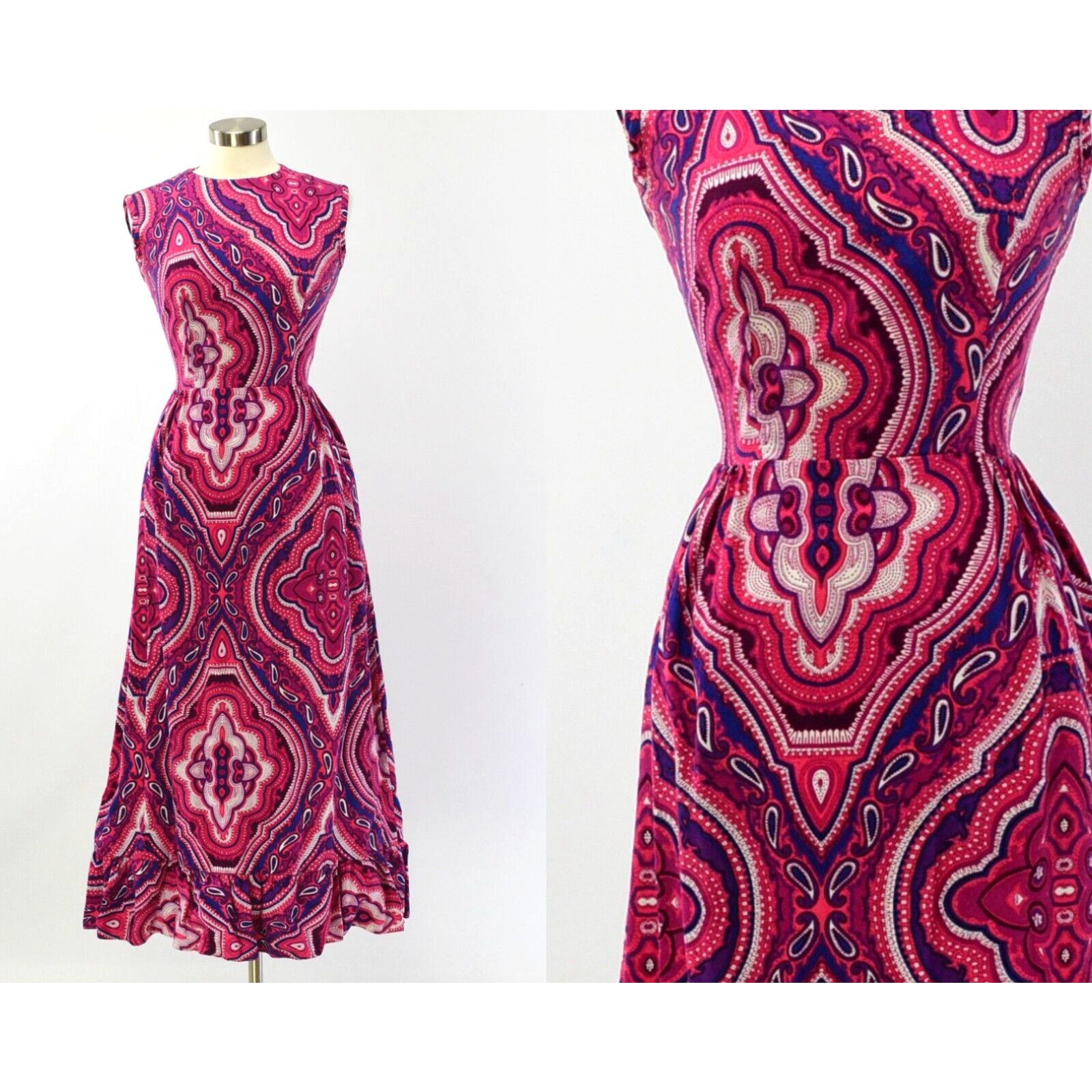 image of 70's Vintage Women's Multi Color Paisley Print Ruffle Hem Dress Size M in White