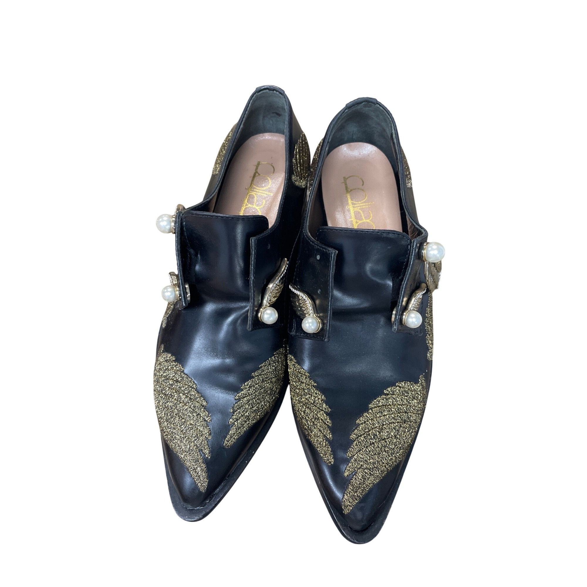 Other Coliac Italy made womans Black Leather Wing Pearl Loafers Sz Size US 7 / IT 37 - 14 Thumbnail