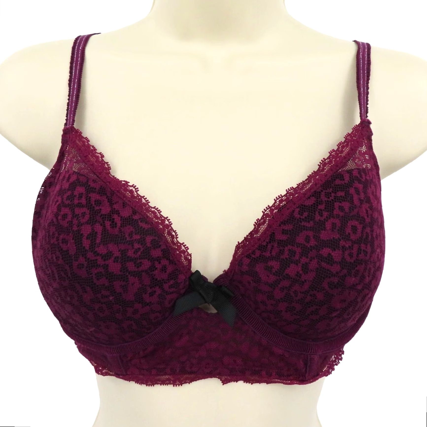 Vintage Kensie 34C Underwire Padded Bra Purple Leopard Animal Print Lace Bow Size ONE SIZE - 2 Thumbnail
