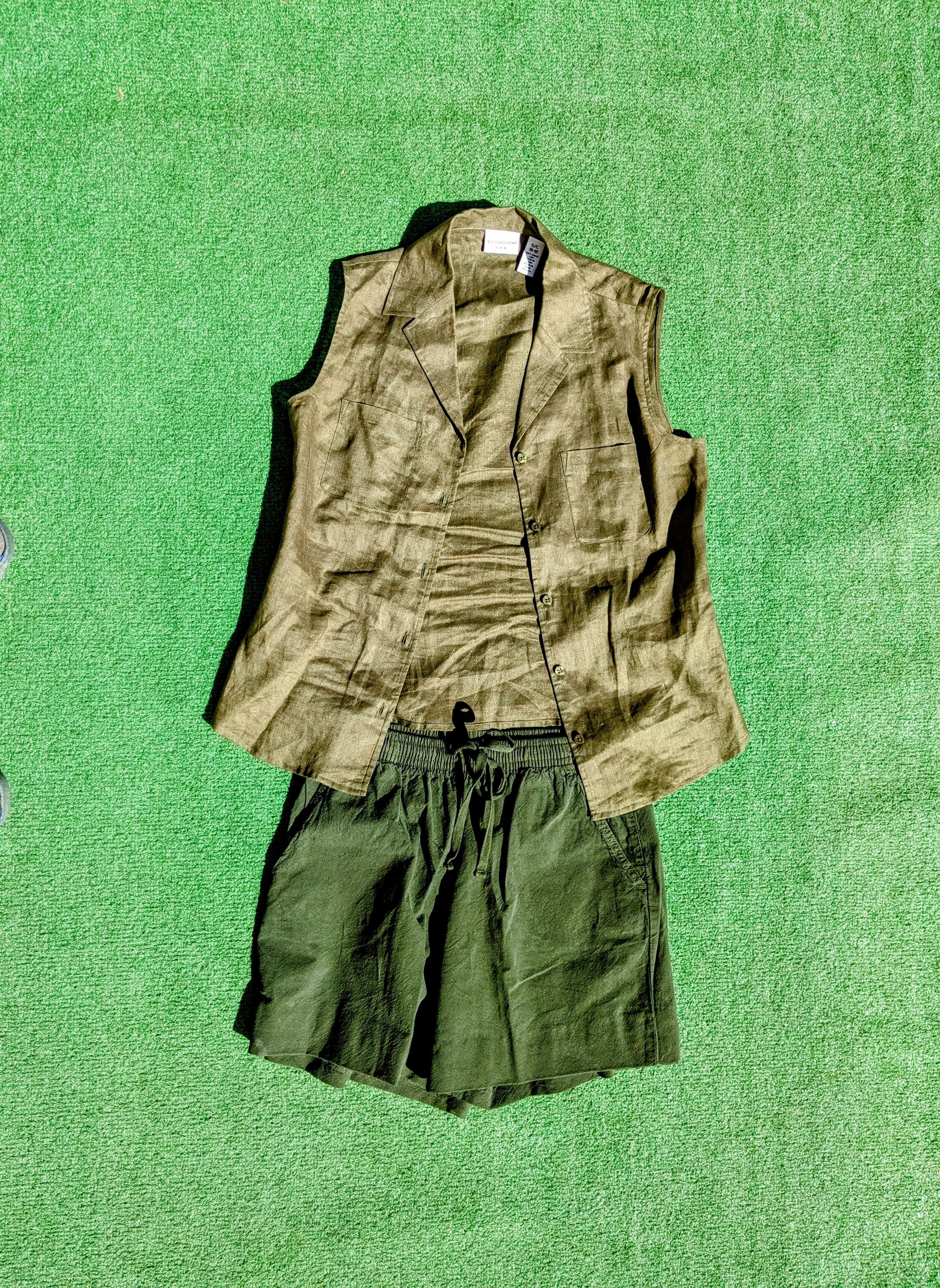 Designer Olive Button Sleeveless Shirt+Petite Shorts 2pc Outfit Set Size S / US 4 / IT 40 - 7 Thumbnail