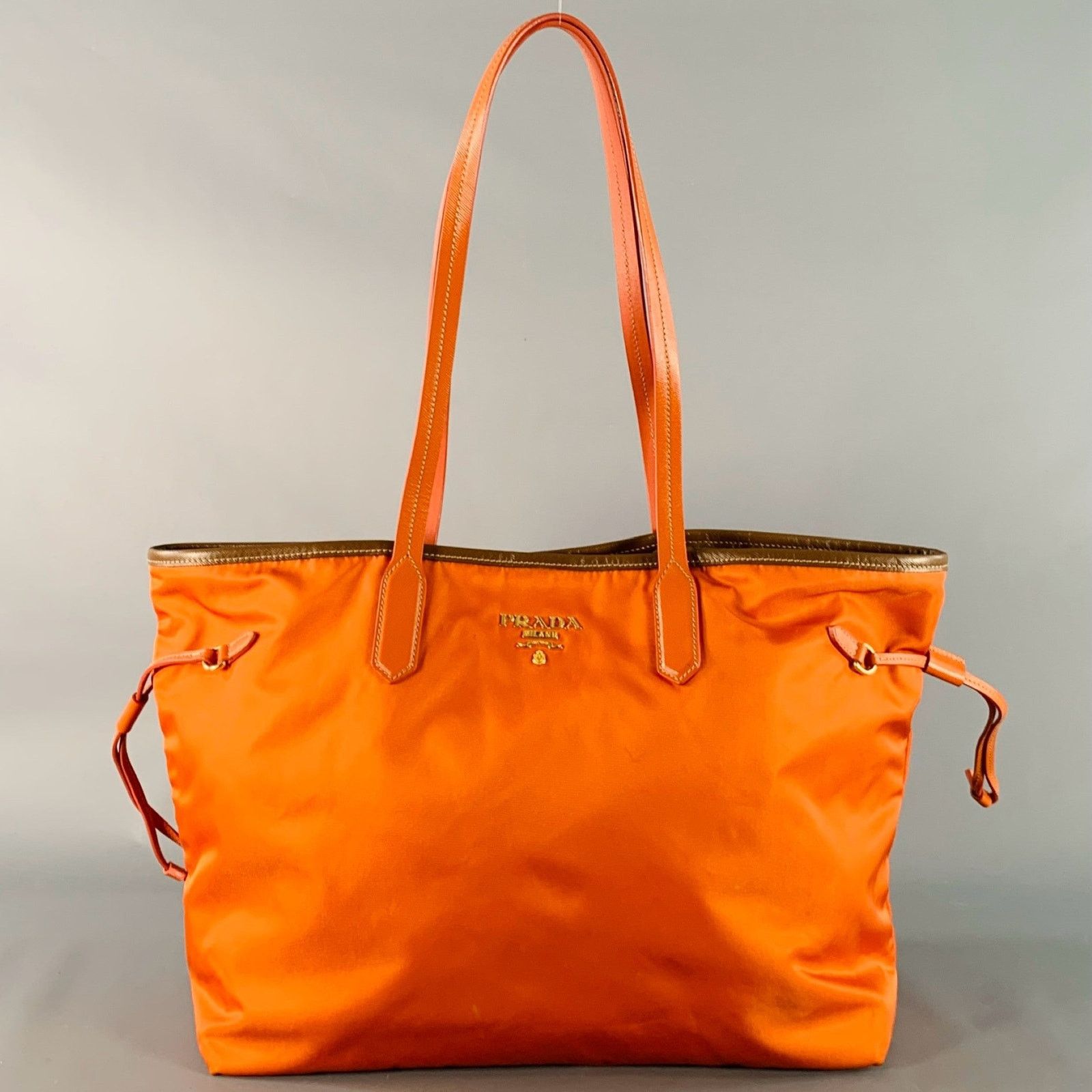 Prada PRADA Orange Gold Saffiano Nylon Leather Trim Tote Handbag Size ONE SIZE - 1 Thumbnail