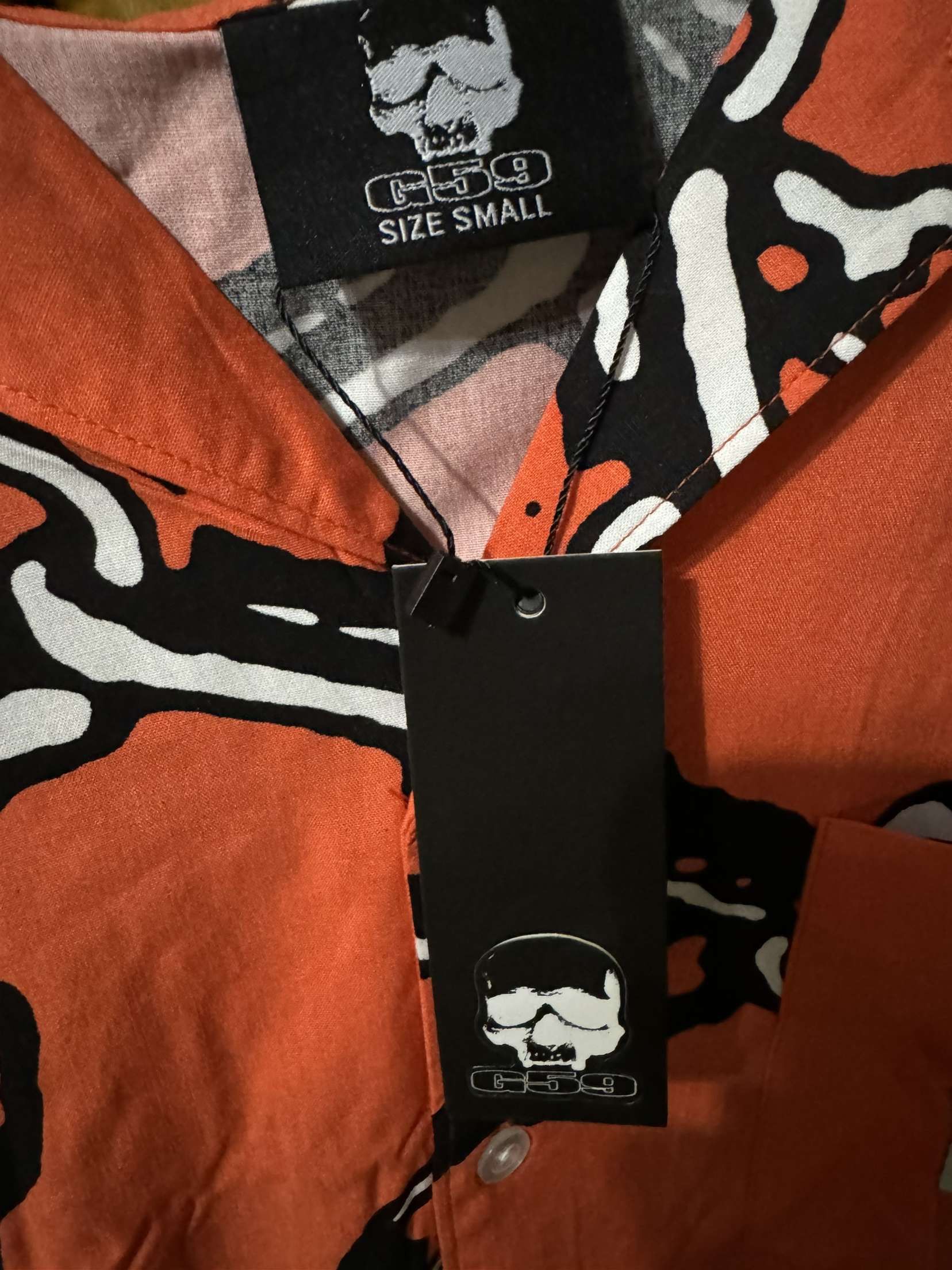 image of G59 Records x Pouya Uicideboy Merch Chain Button Up in Orange, Men's (Size Small)