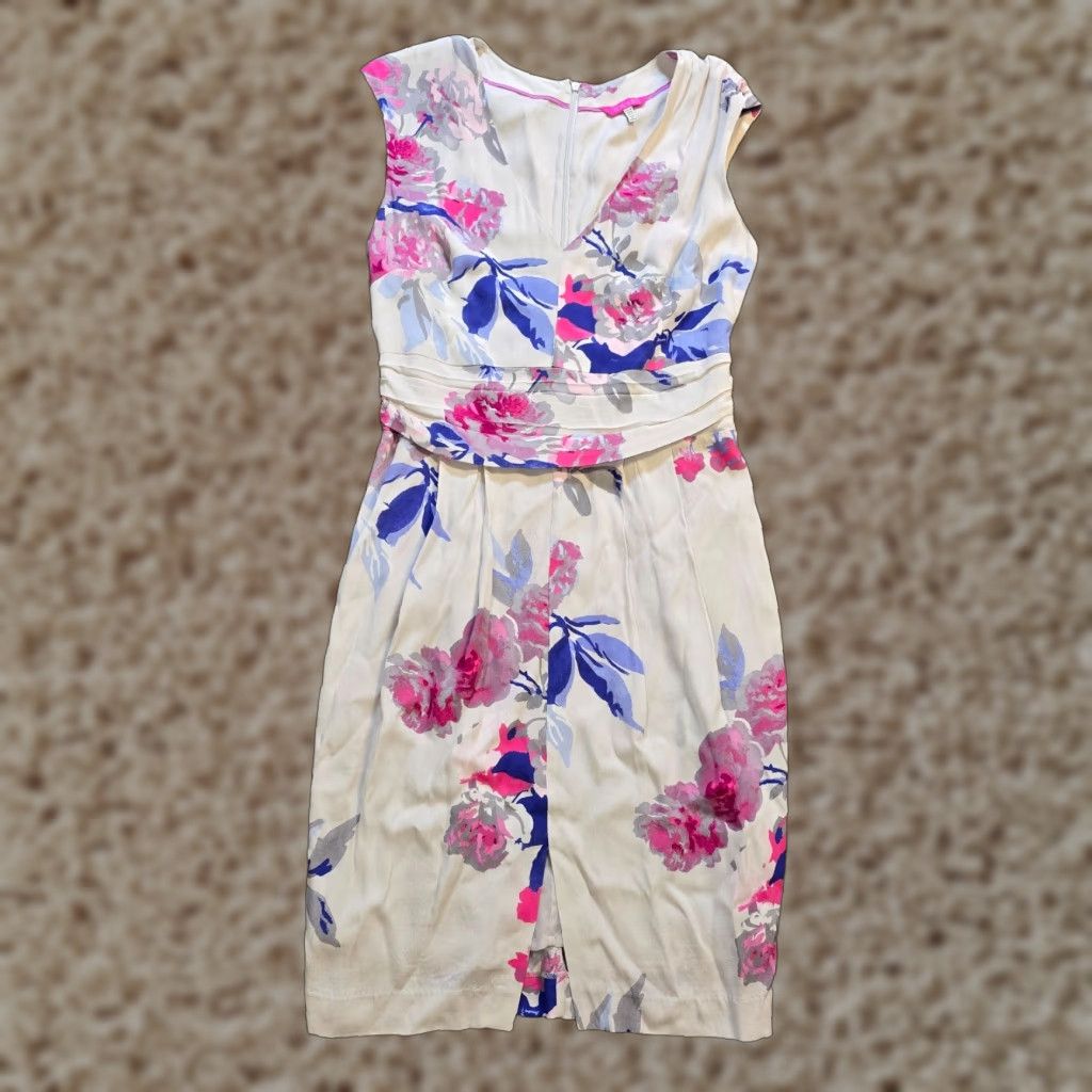 Vintage Joules Dress Womens 6 White Pink Floral Fitted Pencil Dress Knee Length Sleeveless V-Neck Lined Zip Knee Length Womens Classic 6 Regular Size M / US 6-8 / IT 42-44 - 1 Thumbnail