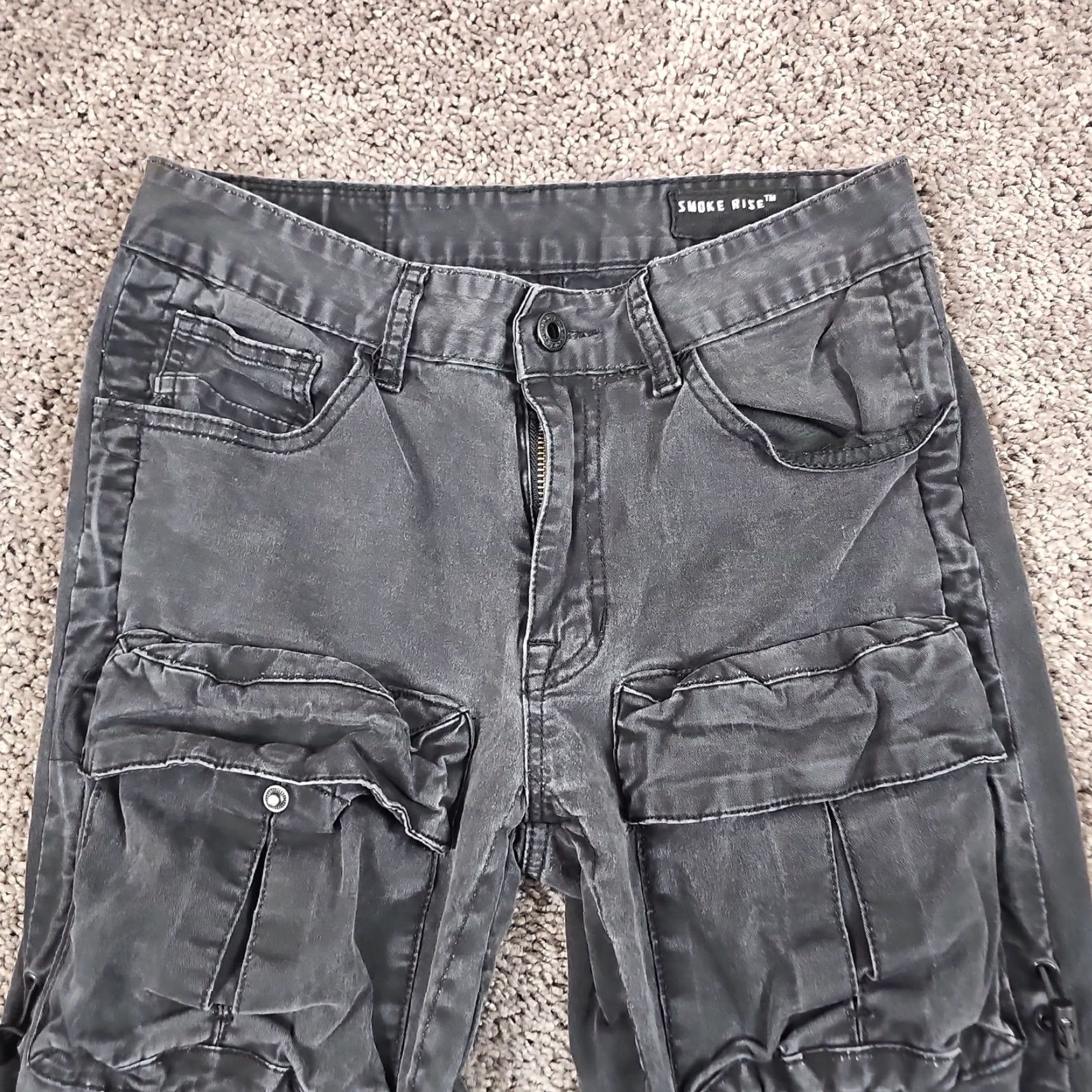 Vintage Smoke Rise Pants Mens 28 Black Multi Pocket Tactical Drawstring Streetwear Cargo Pants Regular Inseam 36in Canvas Cotton Spandex Stretch Mens Size US 28 / EU 44 - 2 Thumbnail