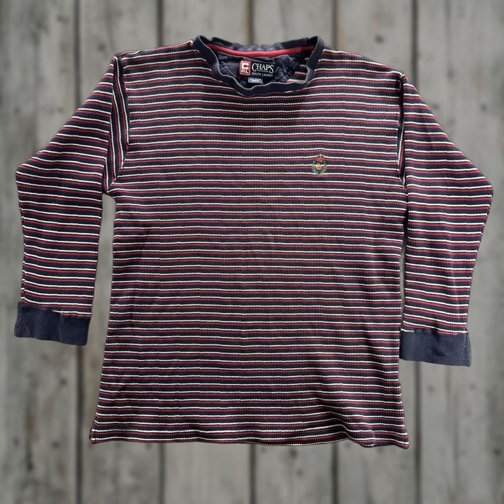 Chaps Chaps Ralph Lauren Sweater Mens Large Striped Waffle-Knit Crest Pullover Navy Red White Crewneck Size US L / EU 52-54 / 3 - 1 Thumbnail