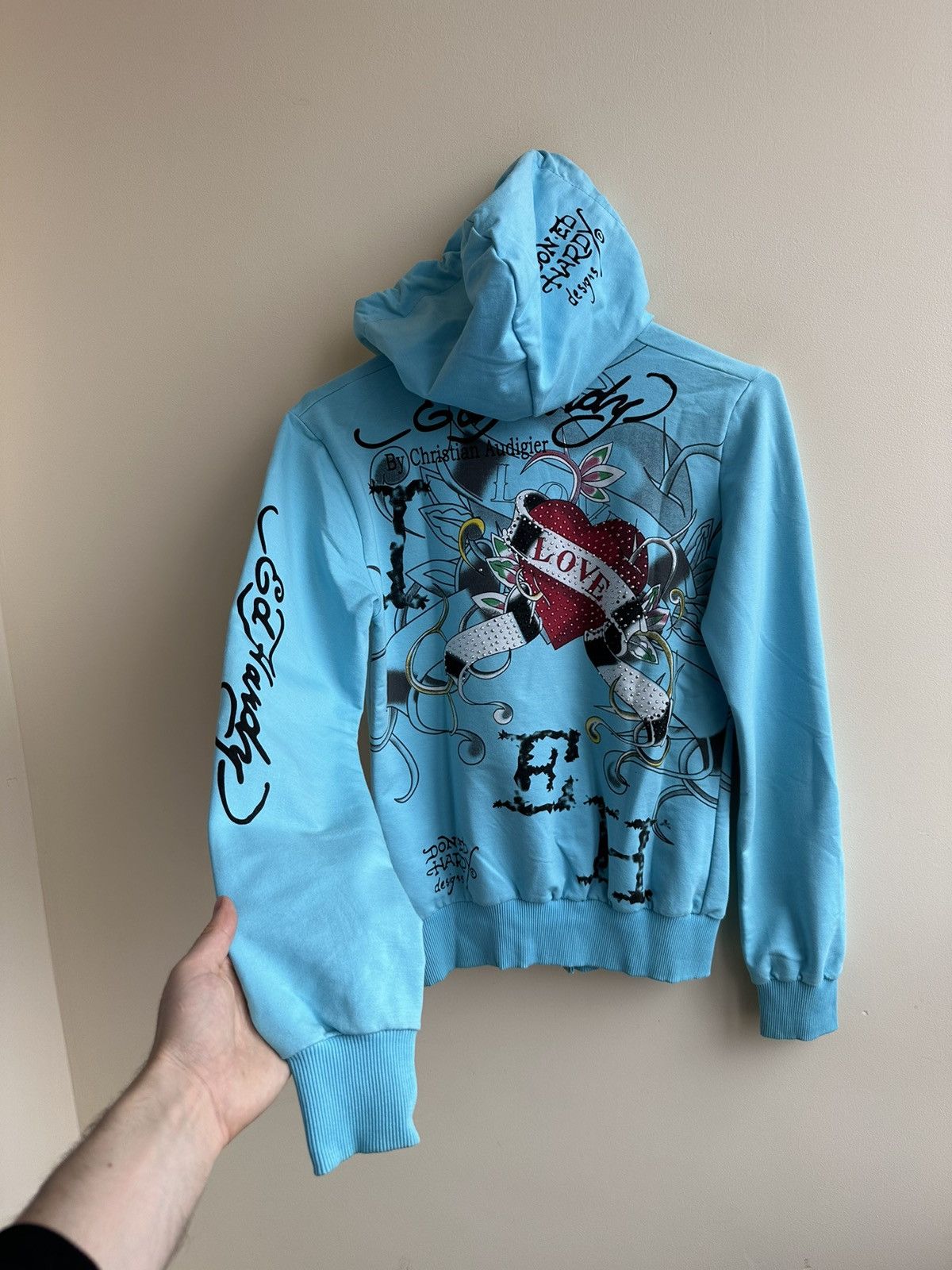 image of Crazy Ed Hardy By Christian Audigier Vintage Big Logo in Blue, Women's (Size Medium)