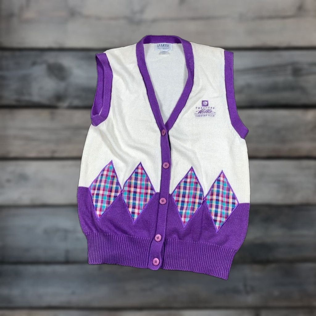 Vintage VINTAGE La Mode Argyle Button Up Sweater Vest Women's Large White Purple Chunky Knit 90s Retro Size L / US 10 / IT 46 - 1 Thumbnail