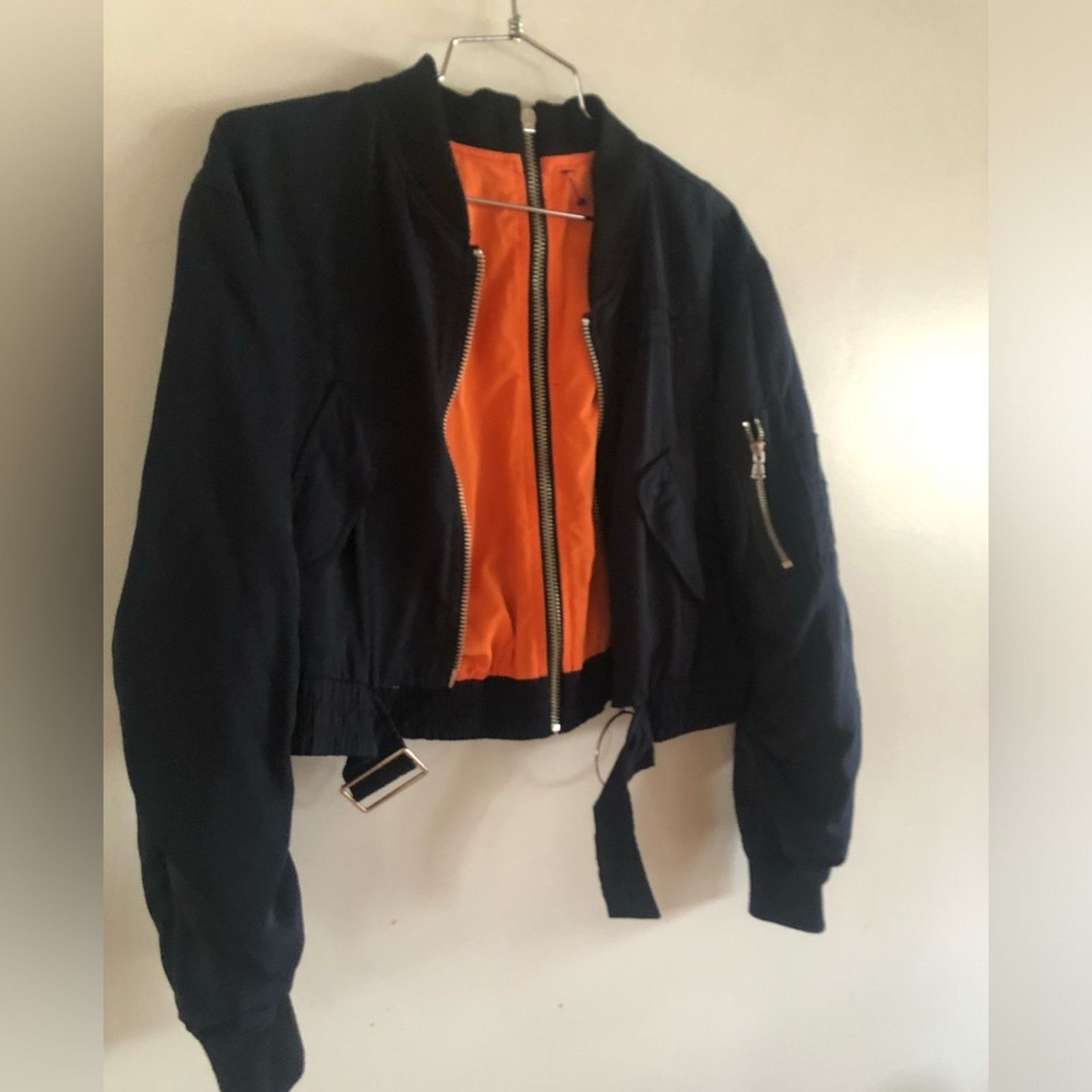 NBDN Nobrandedon Black crop bomber jacket. With back zip design and orange Size S / US 4 / IT 40 - 5 Thumbnail