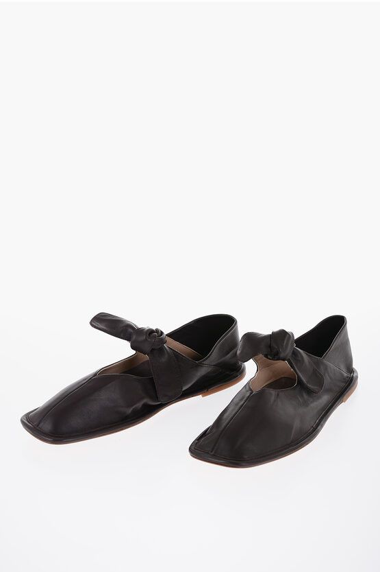 image of Hereu Square Toe Soft Leather Llasada Ballet Flats With Bow in Brown, Women's (Size 6)