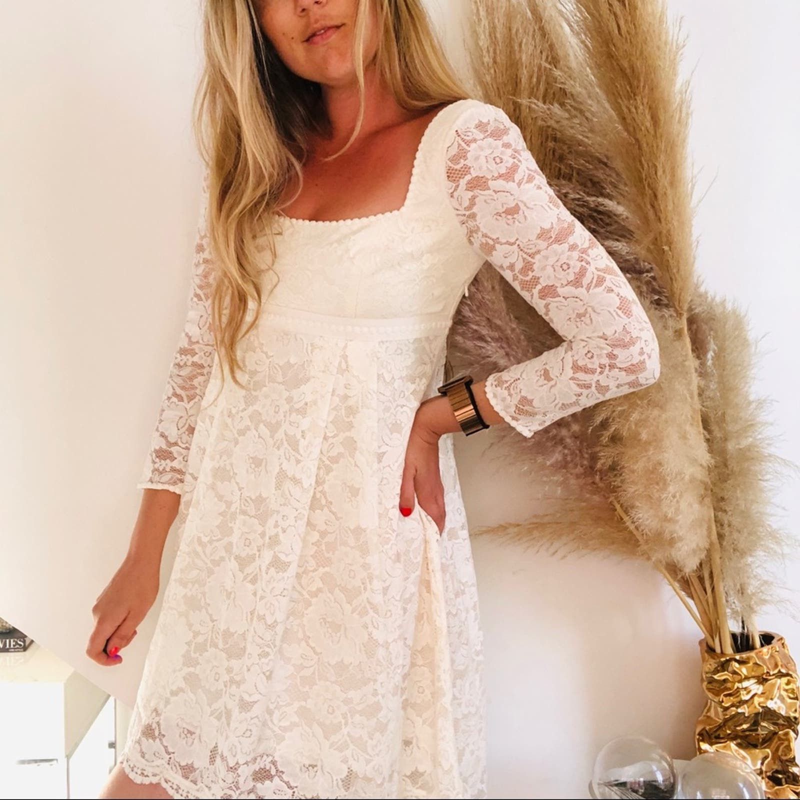 image of New Free People White Sheer Long Sleeve Lace Mini Dress 4, Women's (Size Small)