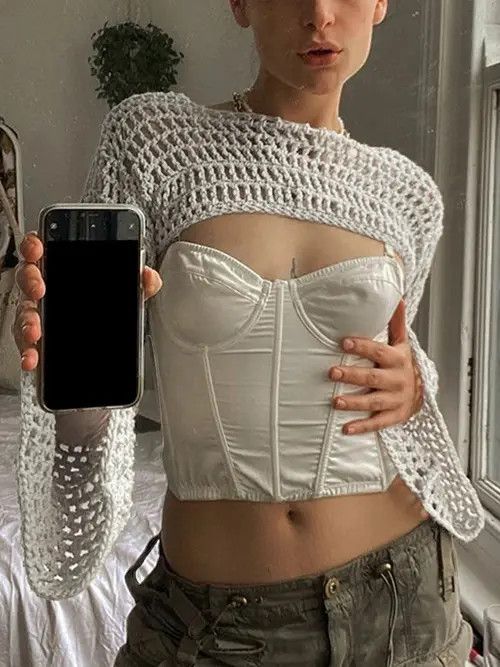Japanese Brand × Vintage Women Y2k Crochet Knit Hollow Out Crop Top Long Size ONE SIZE - 3 Thumbnail