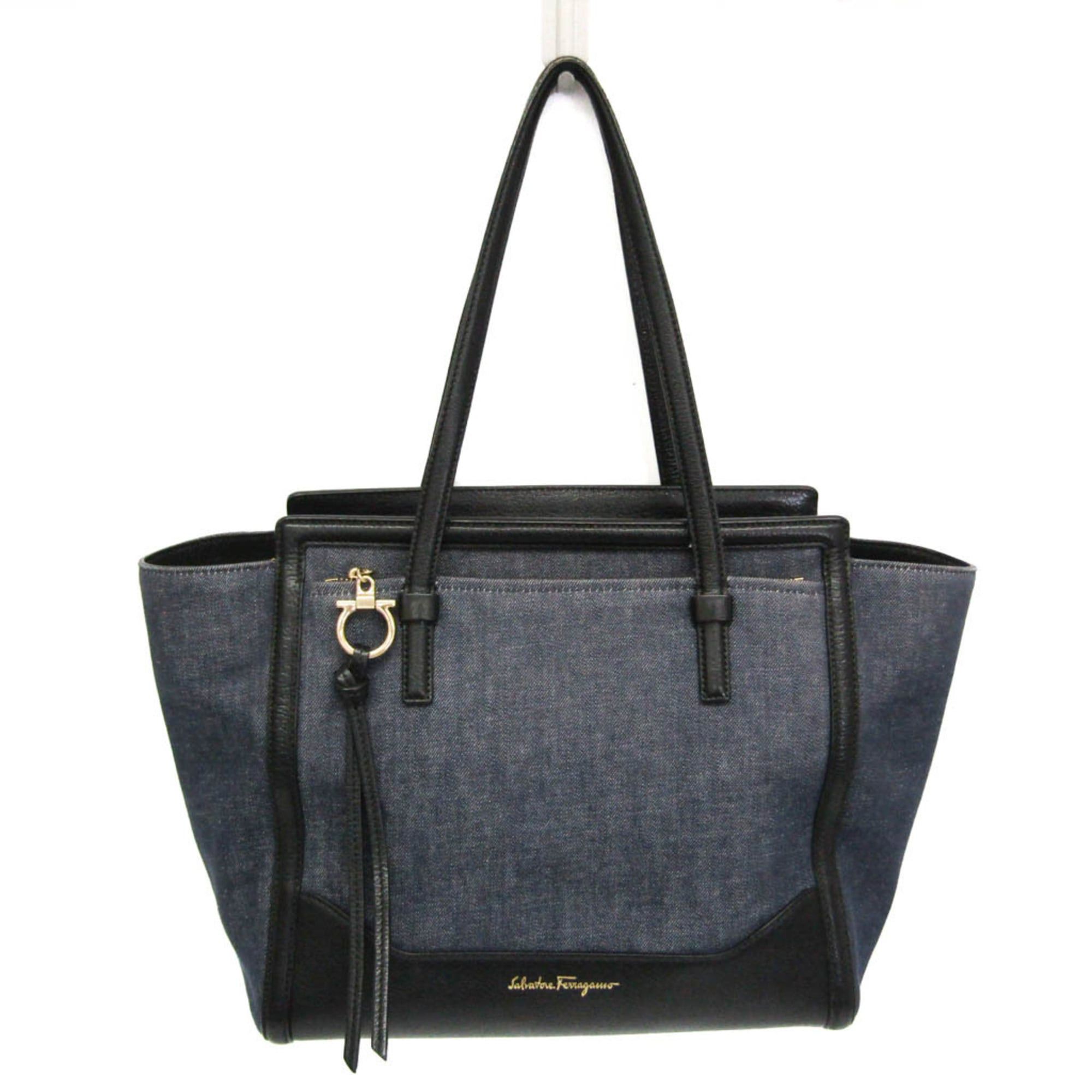 Salvatore Ferragamo Salvatore Ferragamo Gancini Amy EZ-21 F759 Women's Denim,Leather Tote Bag Black,Navy Size ONE SIZE - 1 Thumbnail