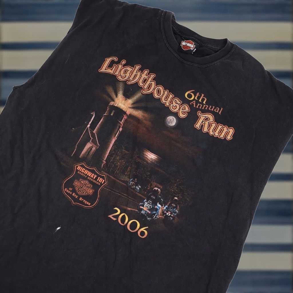 Harley Davidson VINTAGE Harley Davidson 6th Annual Lighthouse Run Graphic Muscle T XL Black Mens TXL? Size US XL / EU 56 / 4 - 1 Thumbnail