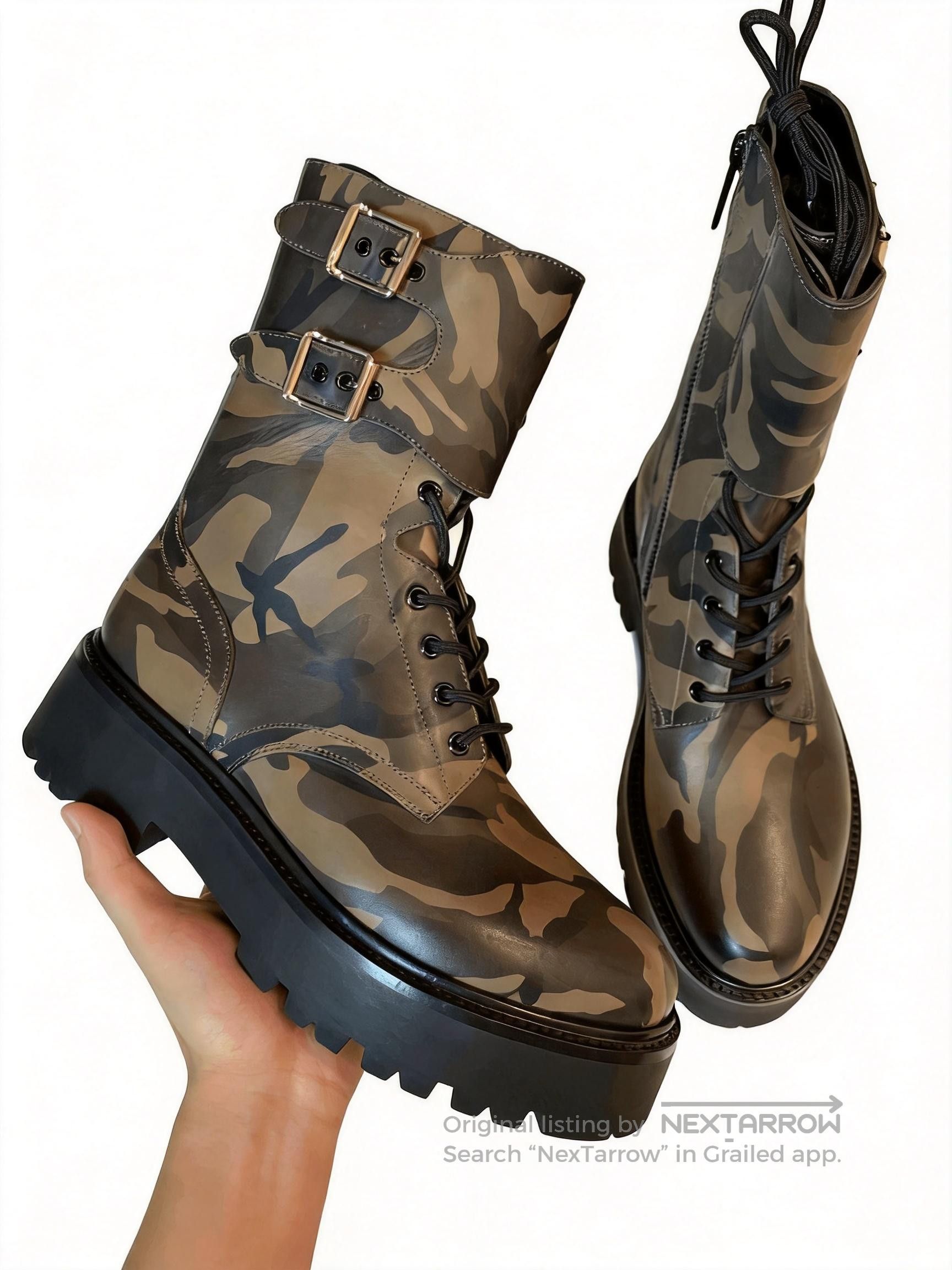 Celine Leather Side Zip Lace Up Combat Boots Green Women main image 2