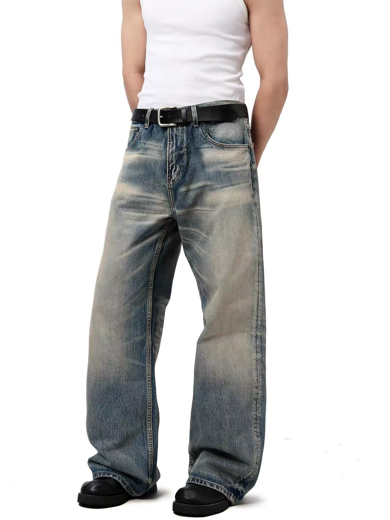 Vintage Washed distressed whiskered loose wide-leg straight jeans Size US 32 / EU 48 - 2 Thumbnail