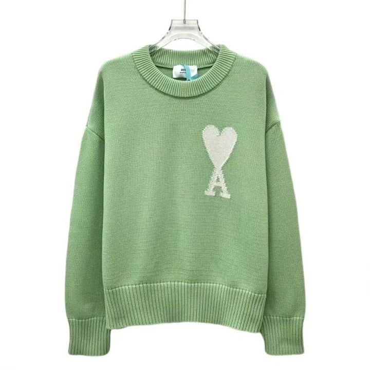 AMI Ami 2022 Green Heart Letter Intarsia Cotton Sweater Size S / US 4 / IT 40 - 1 Thumbnail