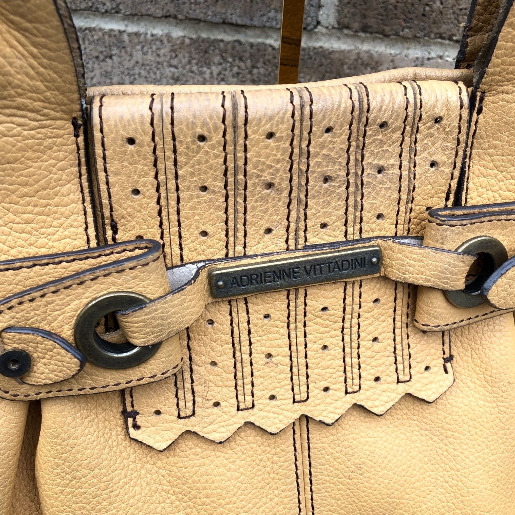 Vintage ADRIENNE VITTADINI Shoulder Hand Bag Purse Women's Tan Genuine Leather Boho - 16" W x 11" H x 7" D - Large - Shoulder Bag - Tan - Designer - Women Size ONE SIZE - 3 Thumbnail