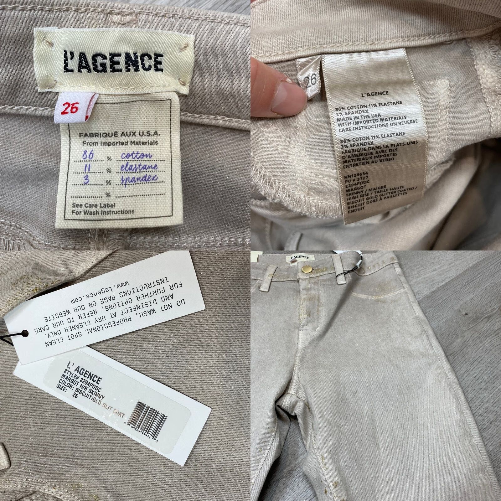 L'AGENCE L'Agence Margot Skinny Jeans Biscuit Gold Glitter Coated Womens 26 Size 26" / US 2 / IT 38 - 8 Thumbnail