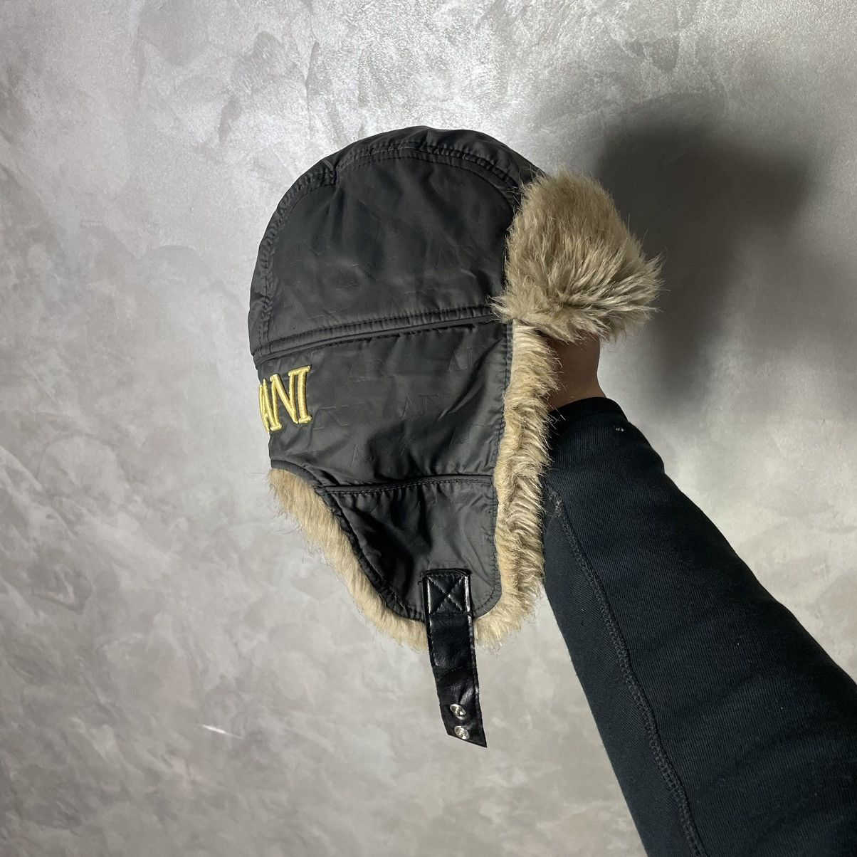 Armani × Vintage Vintage Armani Jeans Monogram Big Logo Fur Trapper Hat Size ONE SIZE - 7 Thumbnail