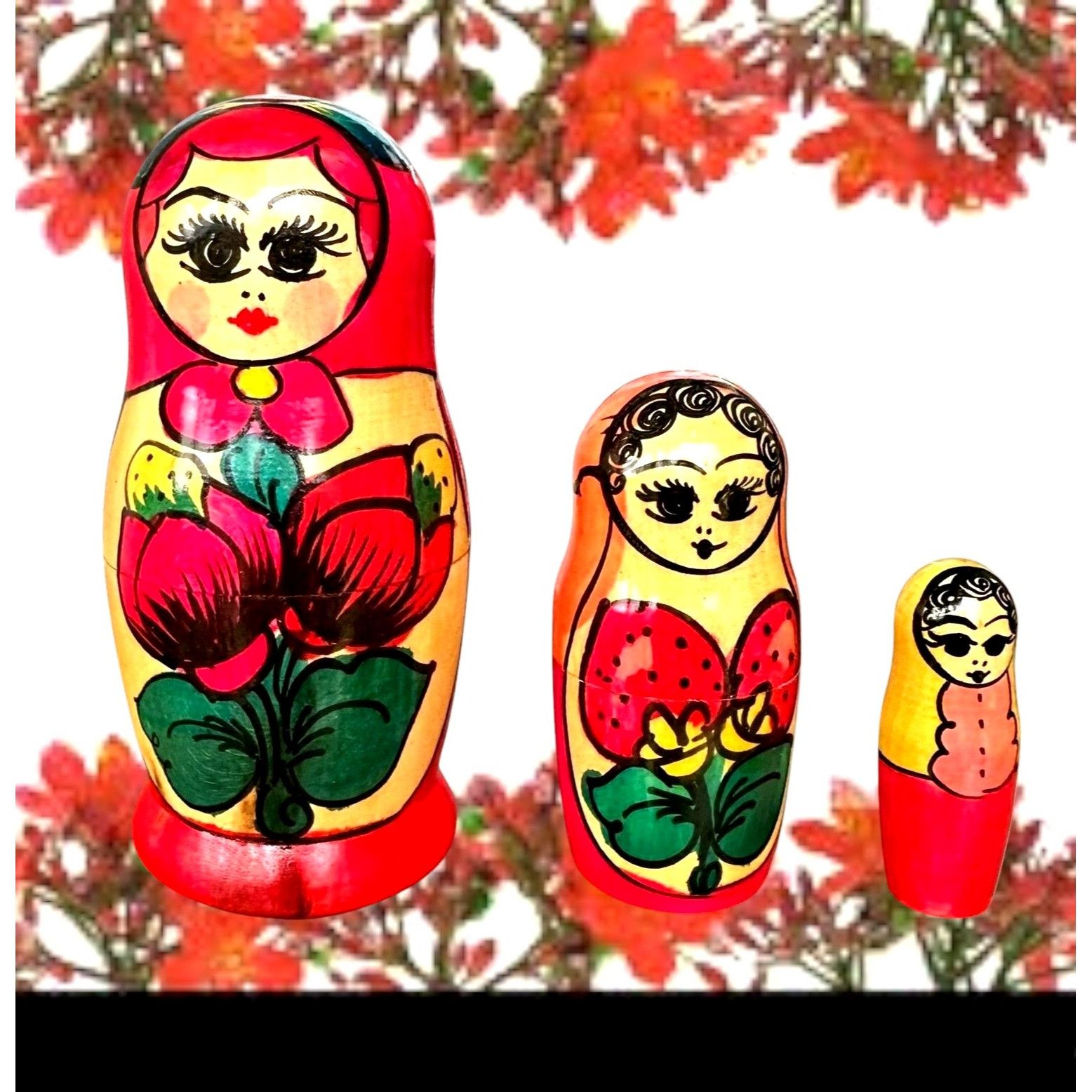 Handmade × Vintage Vintage Russian Nesting Doll Set of 3 Red Floral Matryoshka Size ONE SIZE - 3 Thumbnail