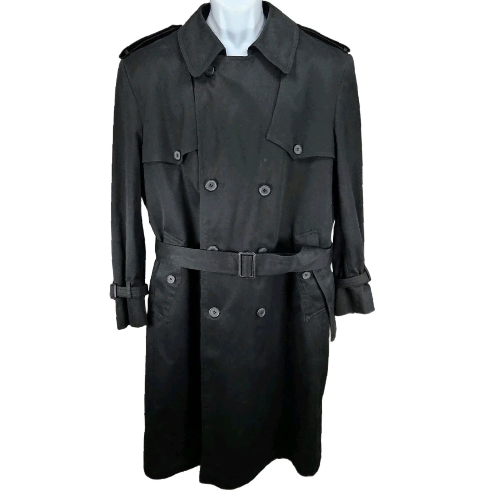 VINTAGE London Towne Black Belted Removable Bodywarmer Buttoned Trench Coat 42R Men Coat Long Size 42 Regular