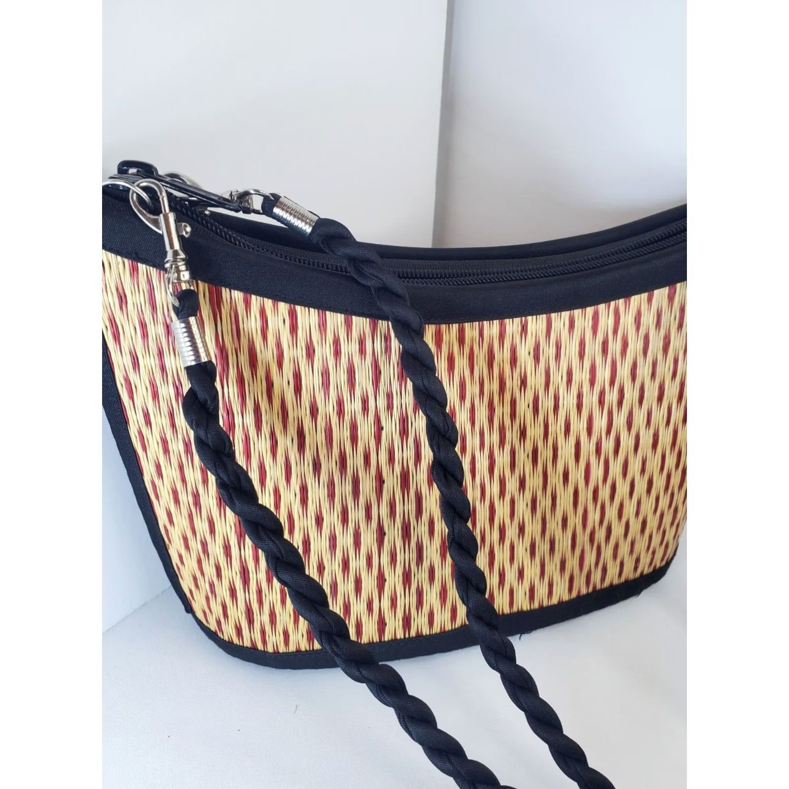 Vintage VINTAGE Handcrafted Straw Purse Kim Ang Tatami Baskets of Cambodia Handbag Small Brown & Black Zipper Shoulder Strap Women Size ONE SIZE - 2 Thumbnail