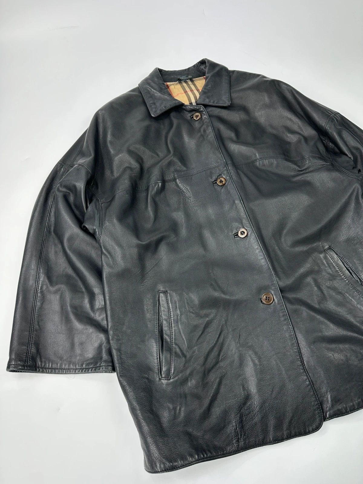 Burberry Burberrys 90s Black Leather Trench Coat Tartan Monogram Size US L / EU 52-54 / 3 - 4 Thumbnail
