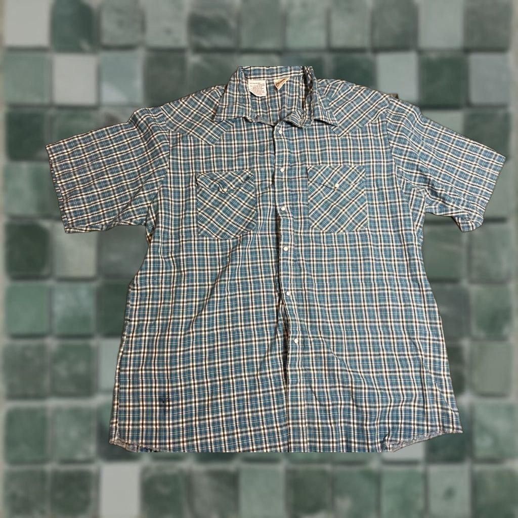 Vintage Pearl Pearl Snap Blue Plaid Short Sleeve Button-Up Collared 2 Pocket Mens L Western Frontier Shirt Size US 33 - 1 Thumbnail