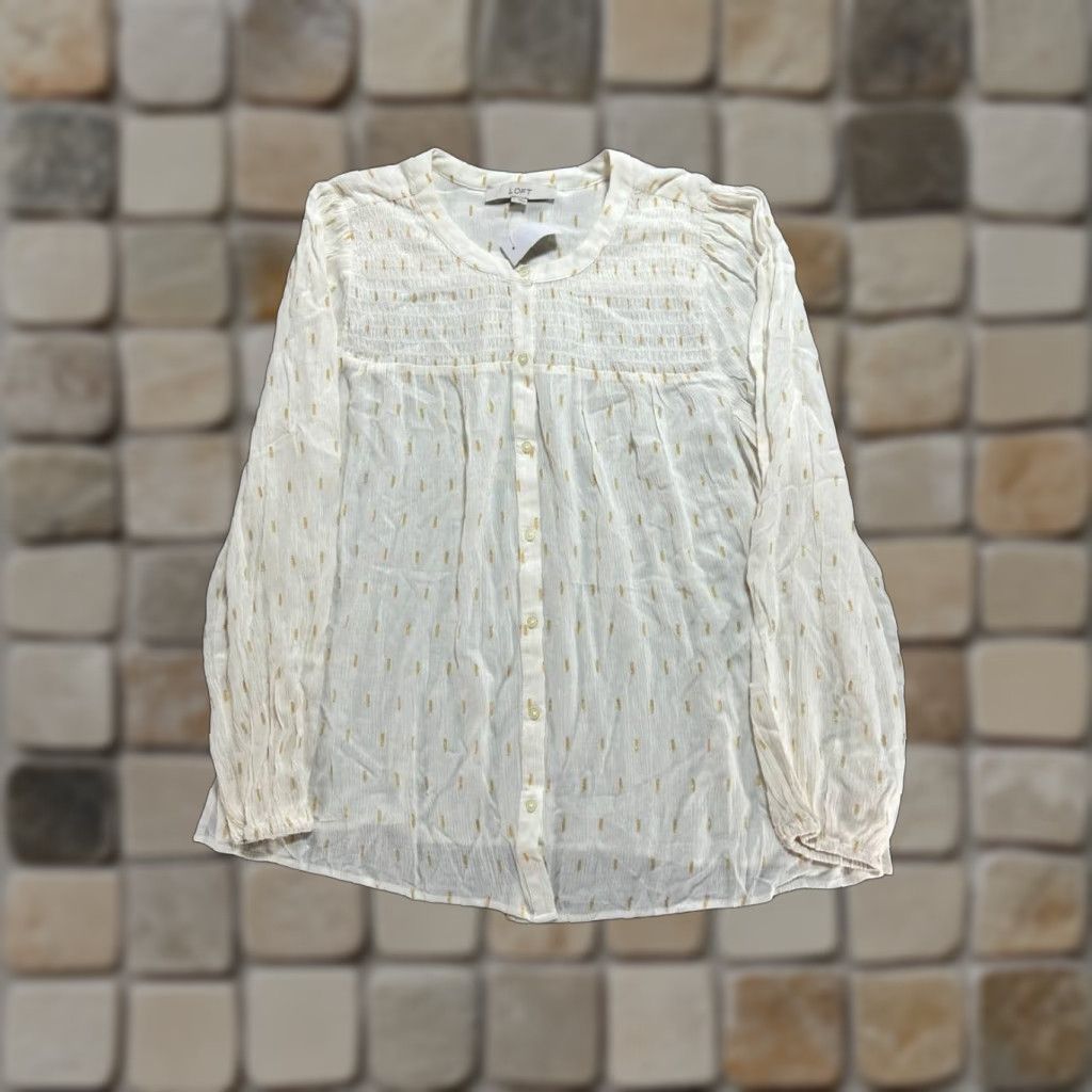 Loft Loft Blouse Top Womens Large Beige Metallic Vertical Dashed Smocked Detail New Size L / US 10 / IT 46 - 1 Thumbnail