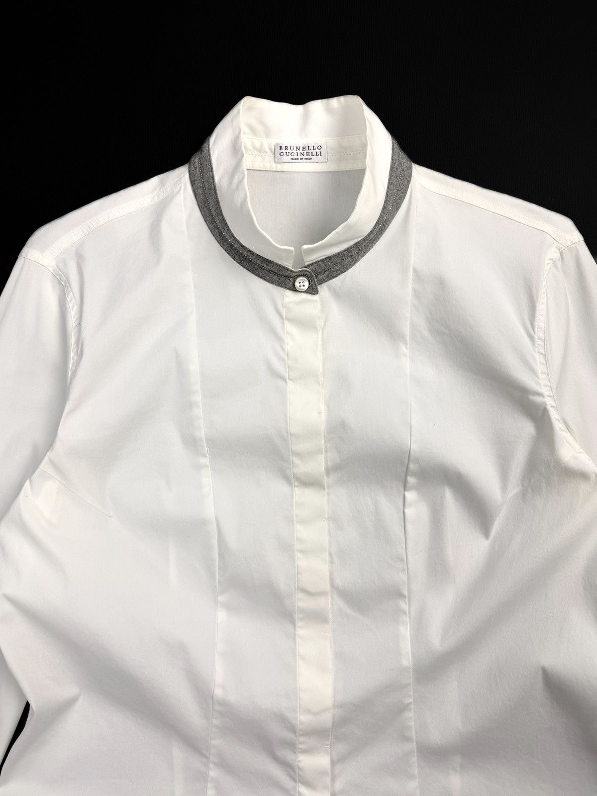 Brunello Cucinelli Brunello Cucinelli Womens White Cotton Blend Shirt Silk Trim Size XL / US 12-14 / IT 48-50 - 9 Thumbnail