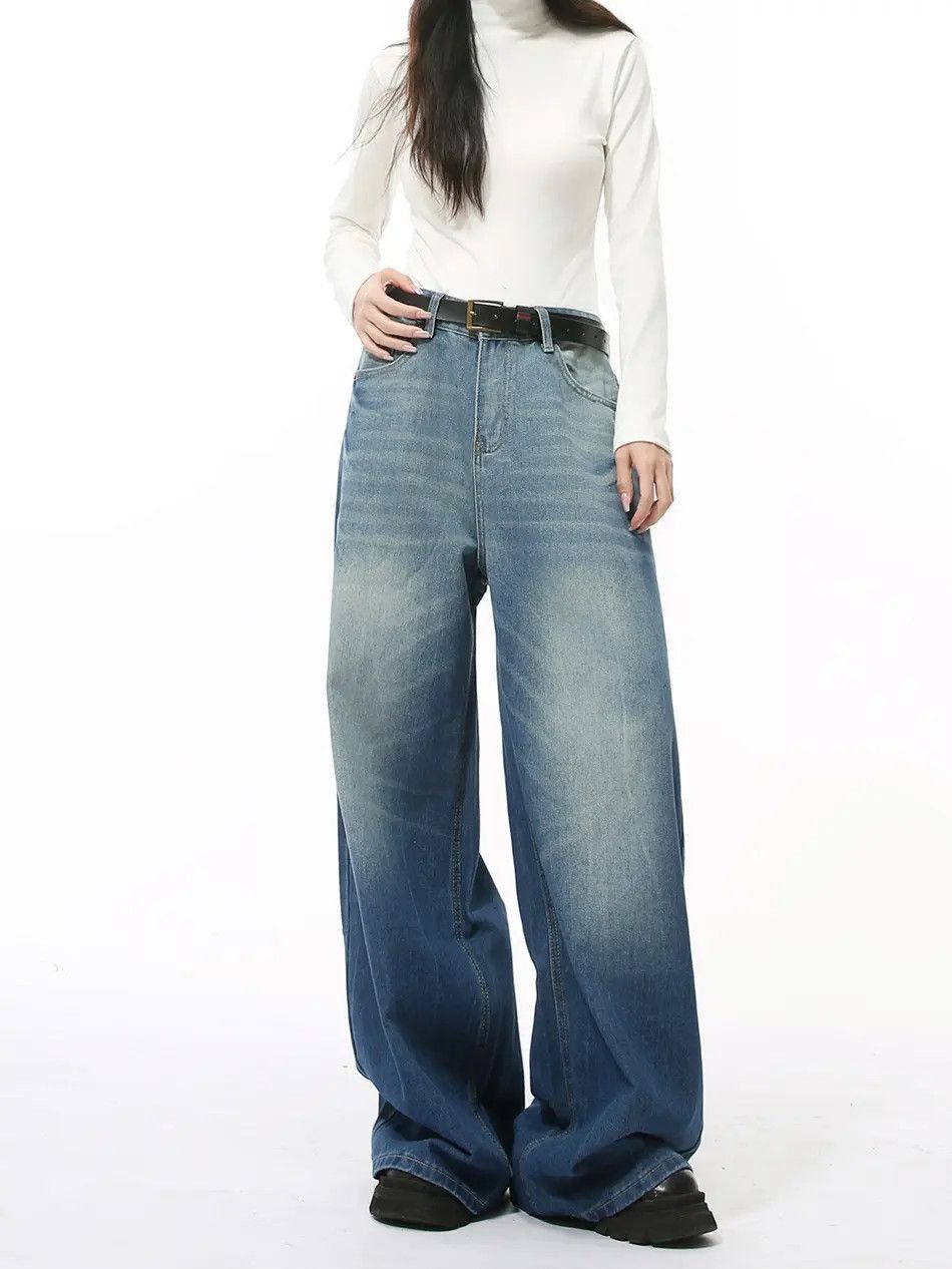 Japanese Brand Retro water patterned wide leg straight leg jeans Size US 32 / EU 48 - 4 Thumbnail