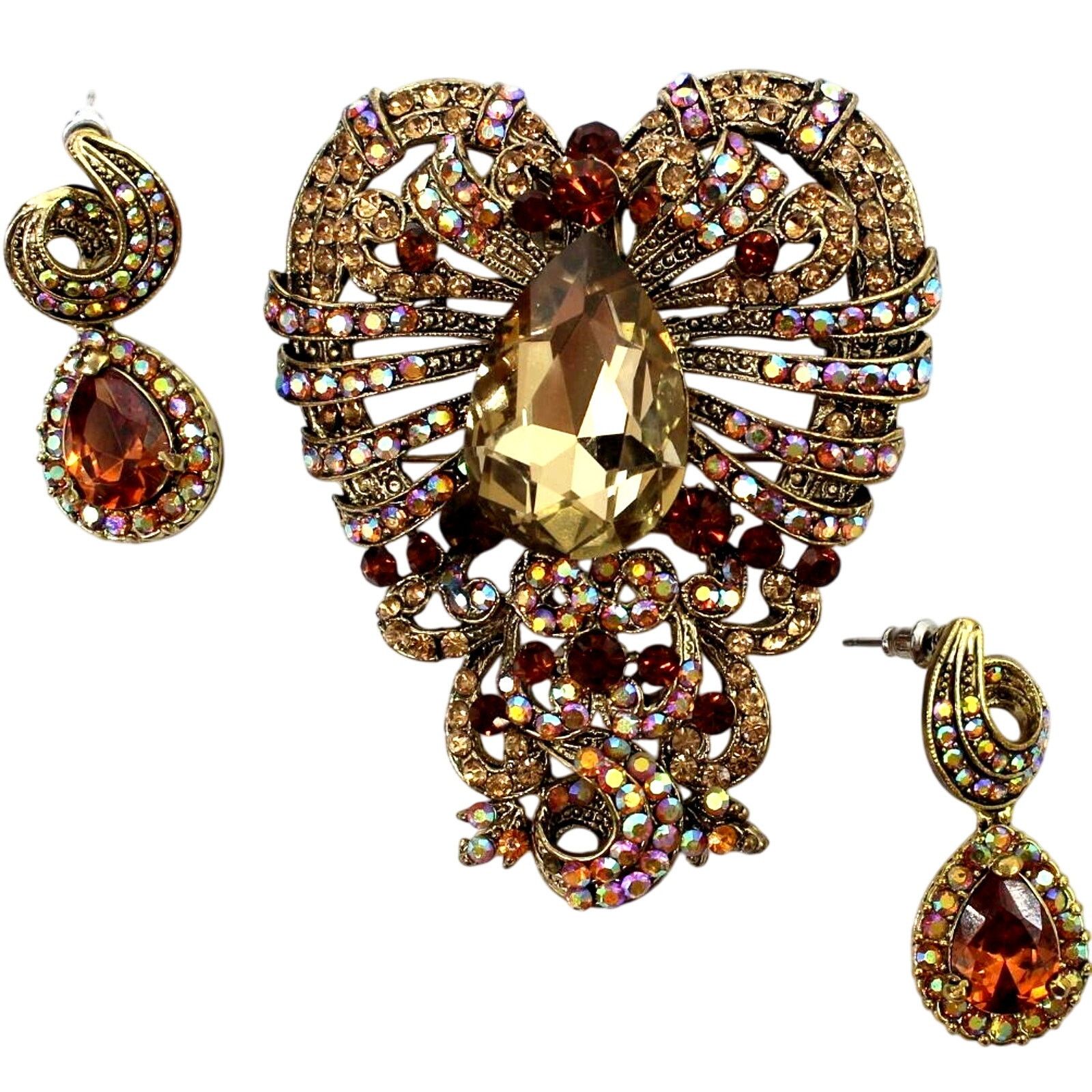 Other Rhinestone Brooch Pendant Earring Set • AB Golden Orange •3" Size ONE SIZE - 1 Thumbnail