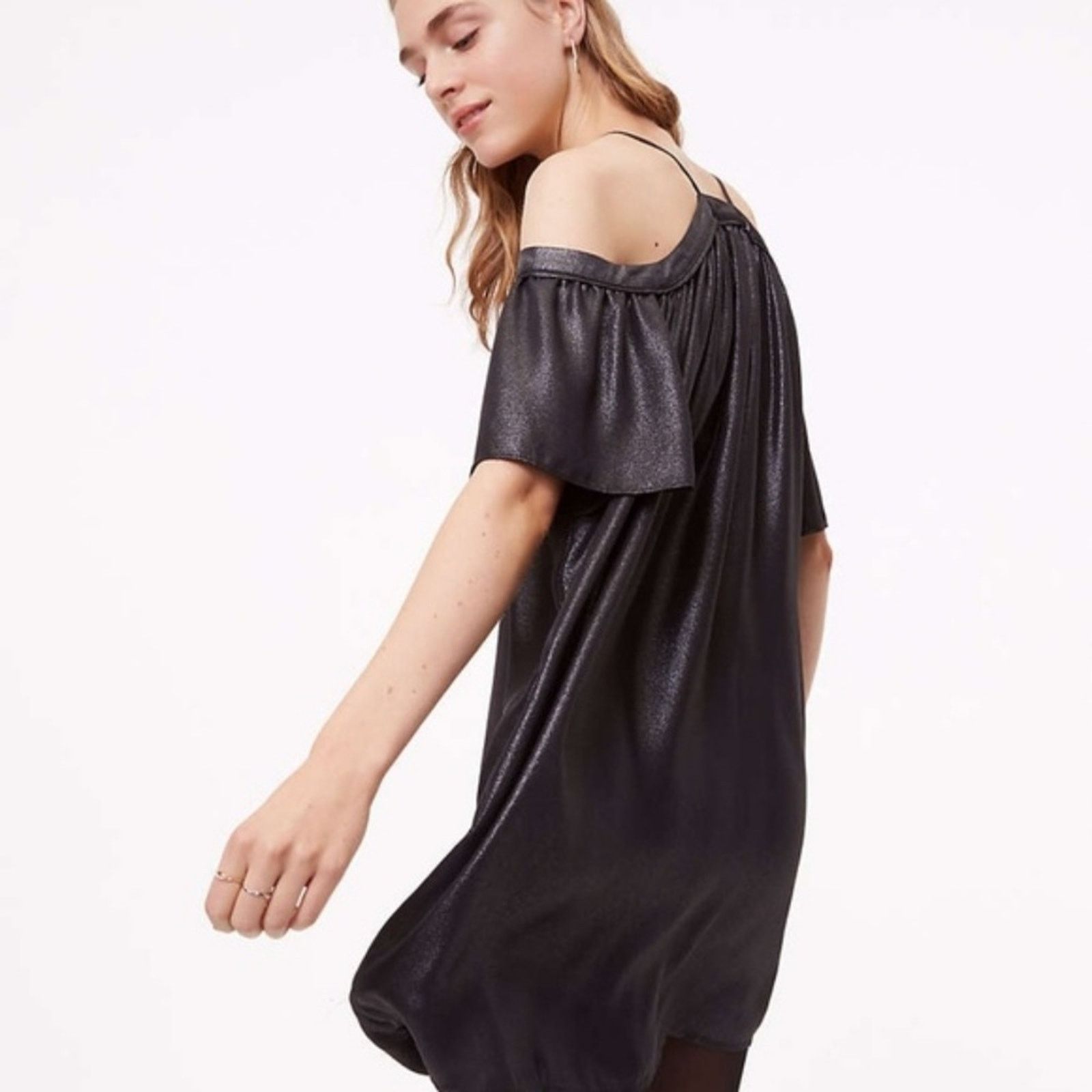 Loft LOFT Grey Metallic Cold Shoulder Swing Dress Size S / US 4 / IT 40 - 2 Thumbnail