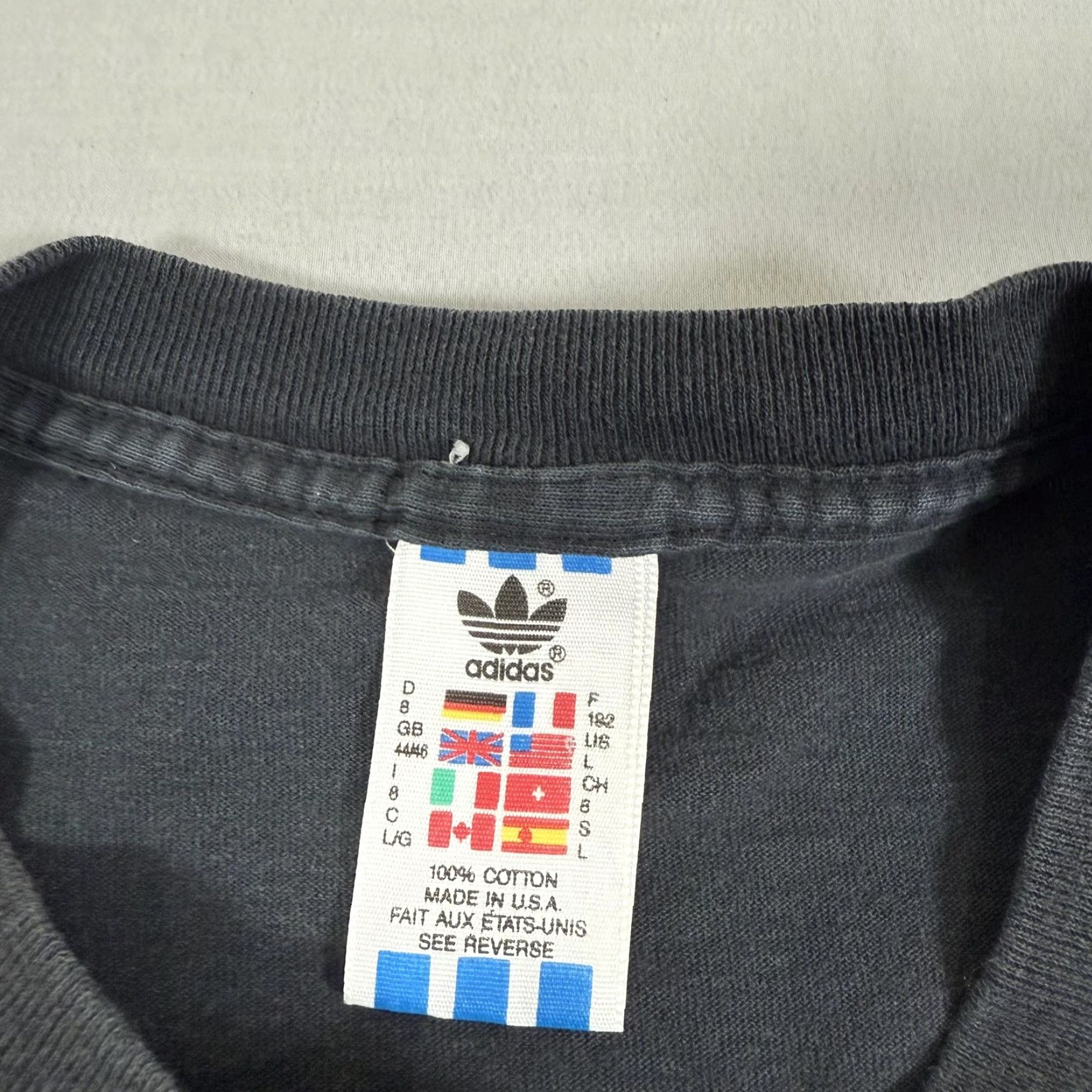 Adidas VINTAGE adidas Shirt Mens Large Black Trefoil 90s Tee Crew Neck Short Sleeve Graphic Print Leather? No. Size US L / EU 52-54 / 3 - 7 Thumbnail