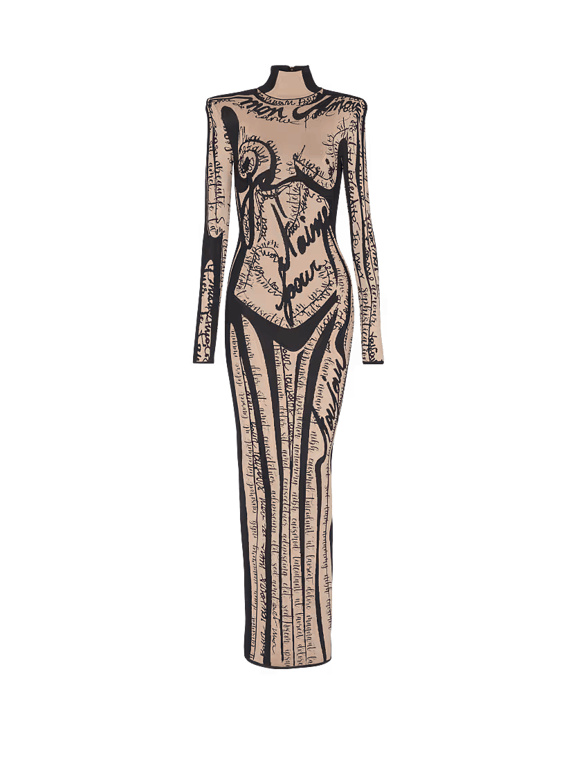 Balmain o1s1wg111225 Long Knit Dress With Body Motif in Beige Size M / US 6-8 / IT 42-44 - 1 Thumbnail