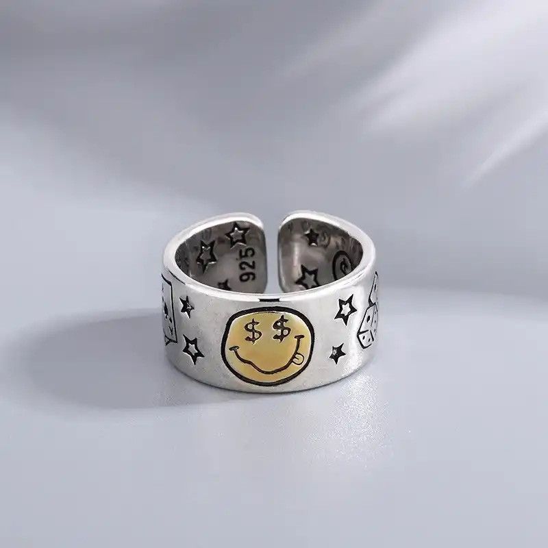 Jewelry × Vintage Personality Smile Face Poker Dice Design Vintage Thai Silver Size ONE SIZE - 1 Thumbnail