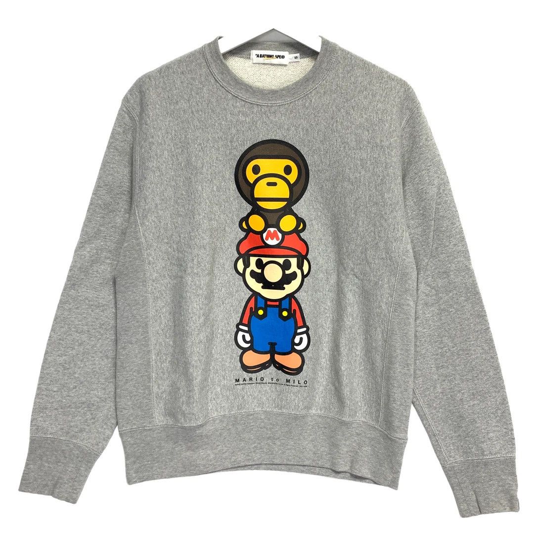 image of Bape Baby Milo Nintendo Mario Crewneck Sweatshirt in Grey, Men's (Size Small)